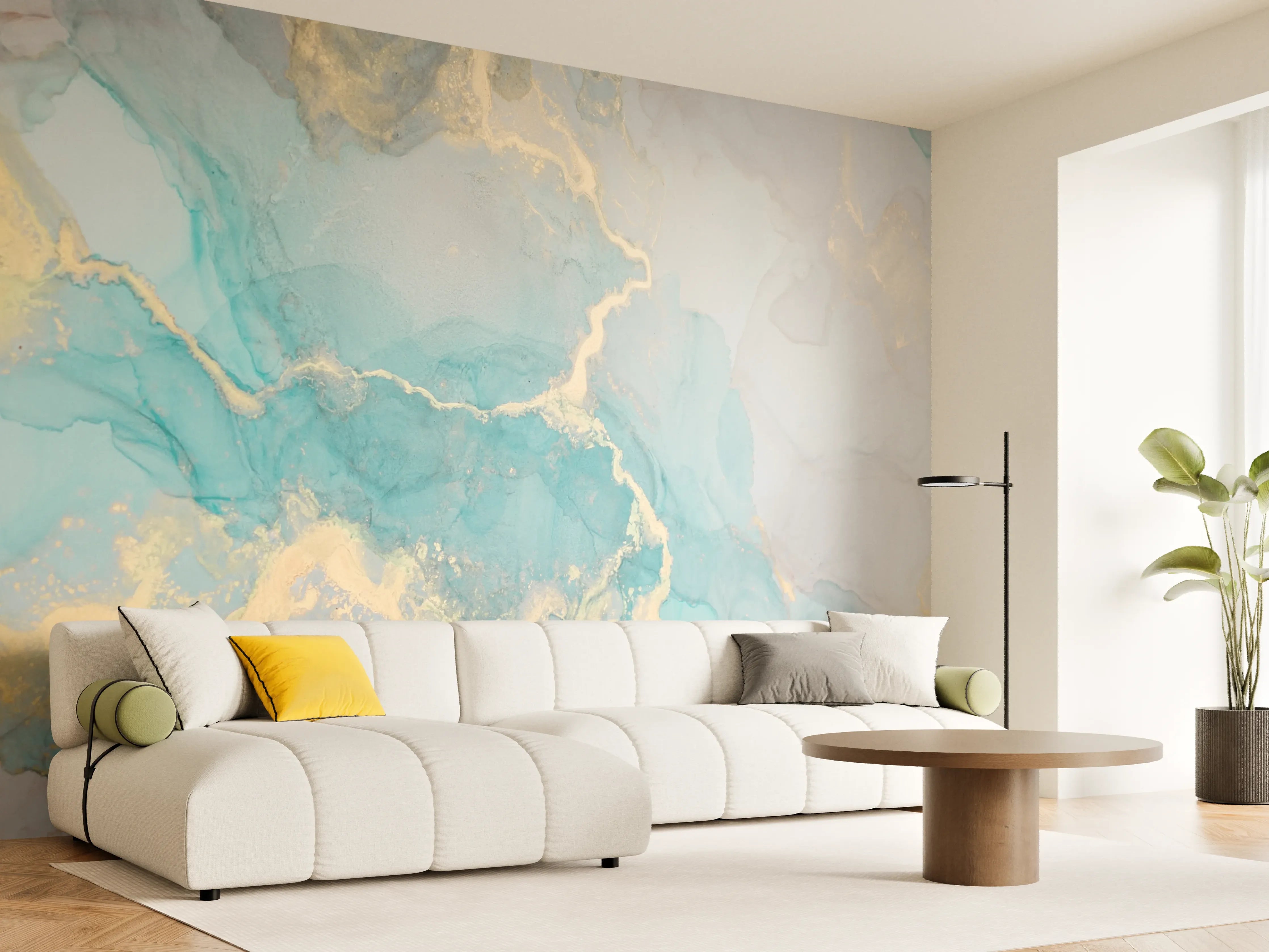 Wandverkleidung Wohnzimmer - Maritime Aquarellkunst mit Goldakzenten