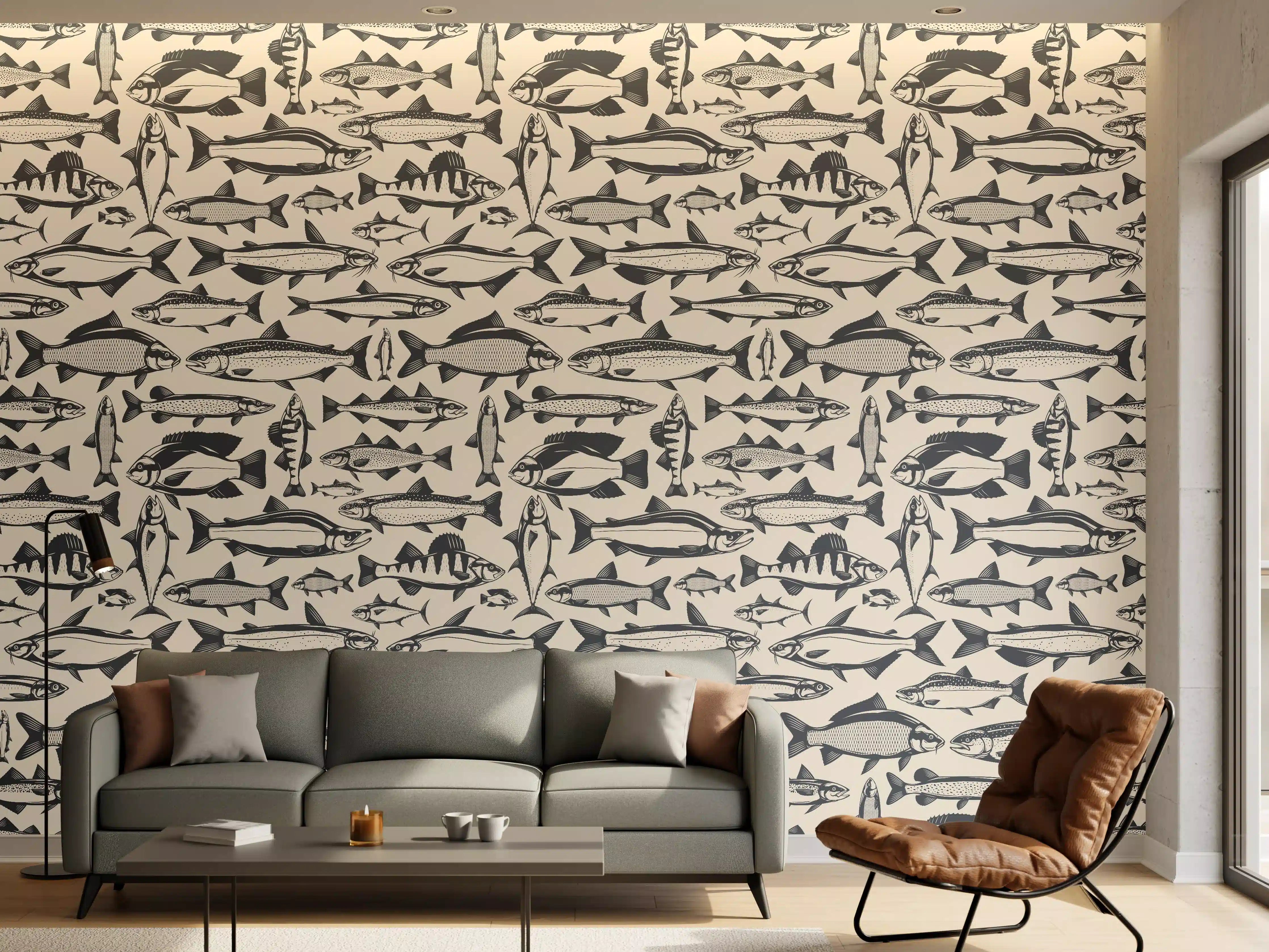 Wandverkleidung Wohnzimmer - Maritimes Fischmuster Beige-Blau