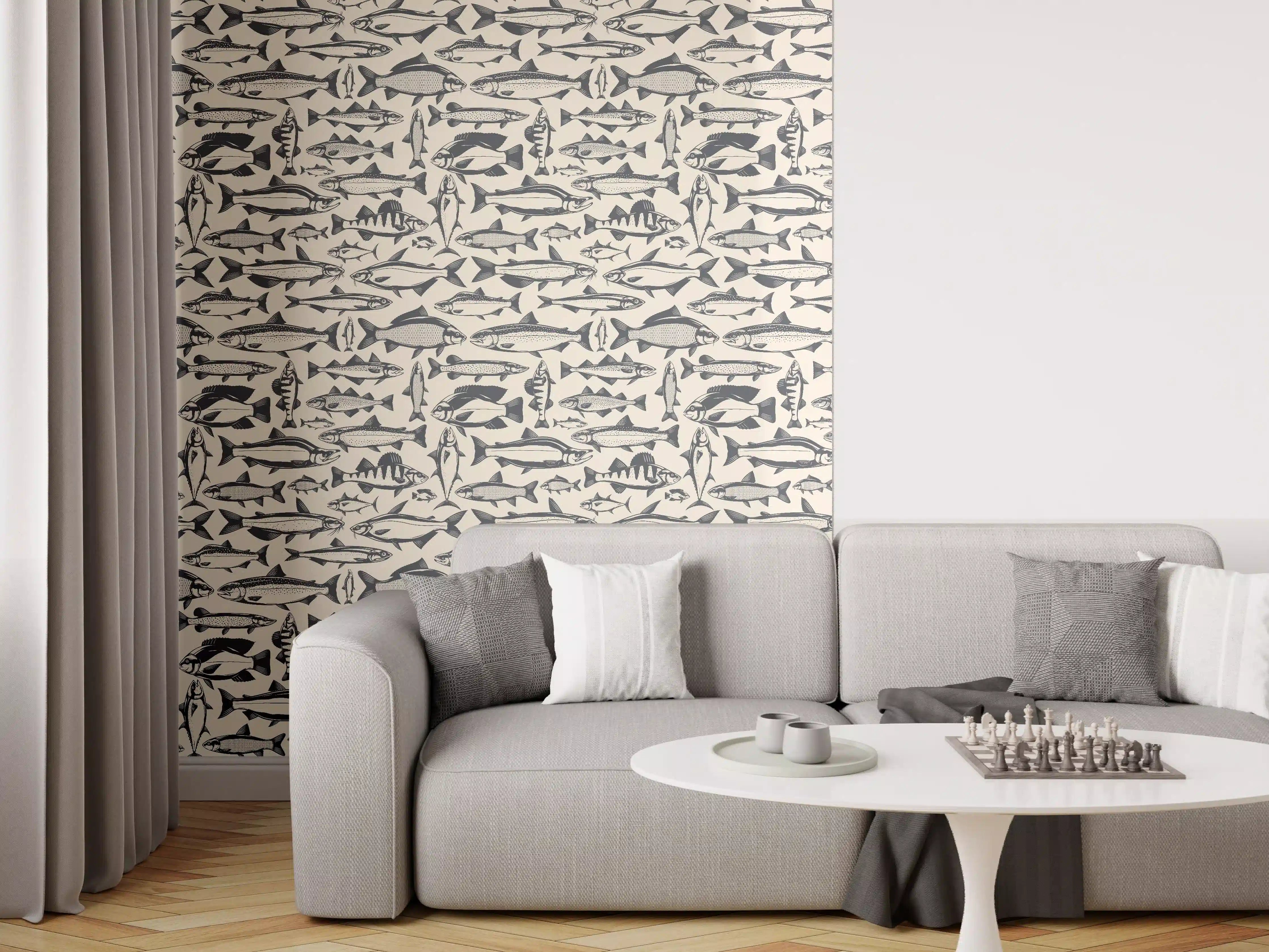 Wandverkleidung Wohnzimmer - Maritimes Fischmuster Beige-Blau
