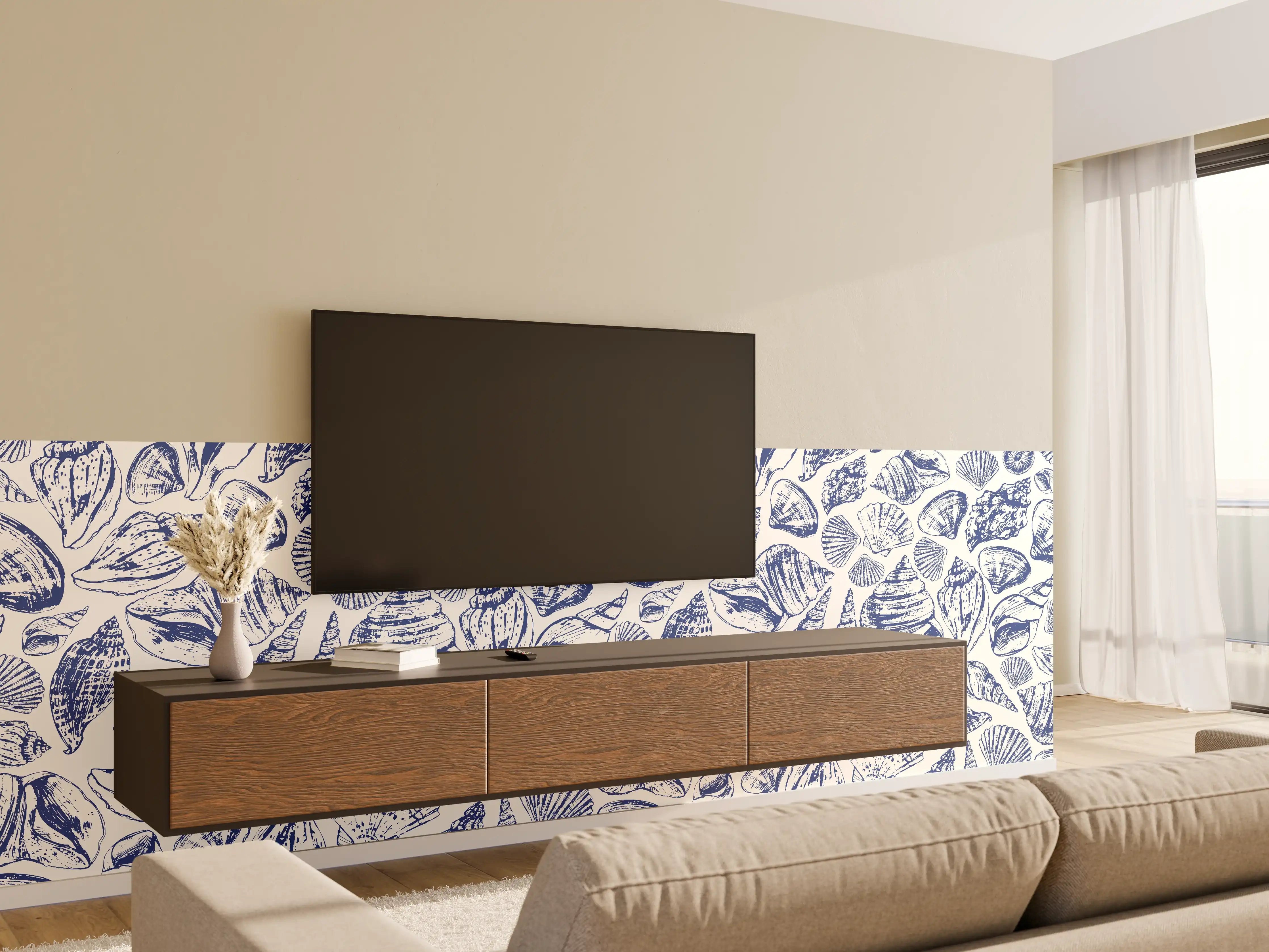 Wandverkleidung Wohnzimmer - Maritimes Muschelmuster Blau-Weiß