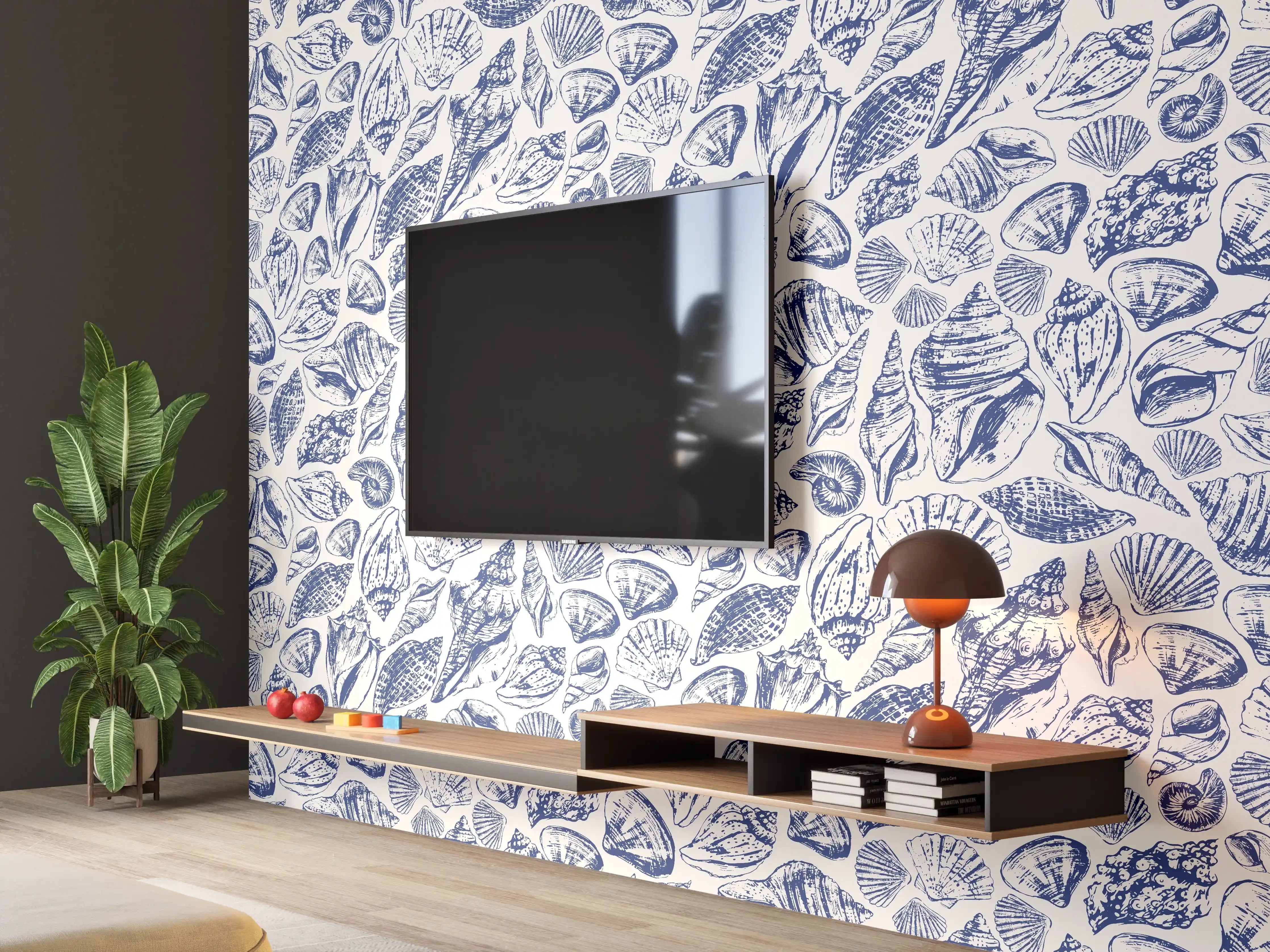 Wandverkleidung Wohnzimmer - Maritimes Muschelmuster Blau-Weiß