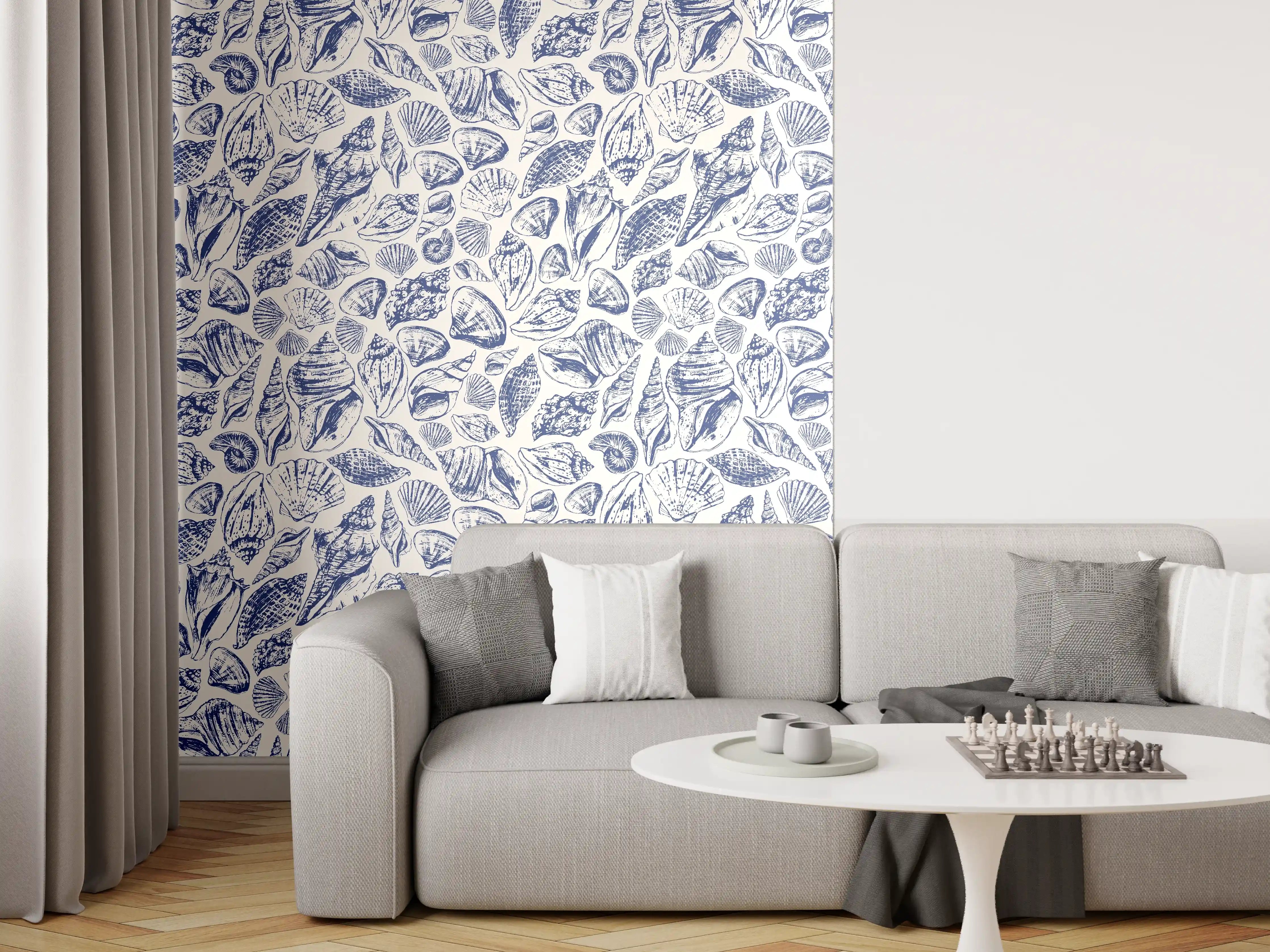 Wandverkleidung Wohnzimmer - Maritimes Muschelmuster Blau-Weiß