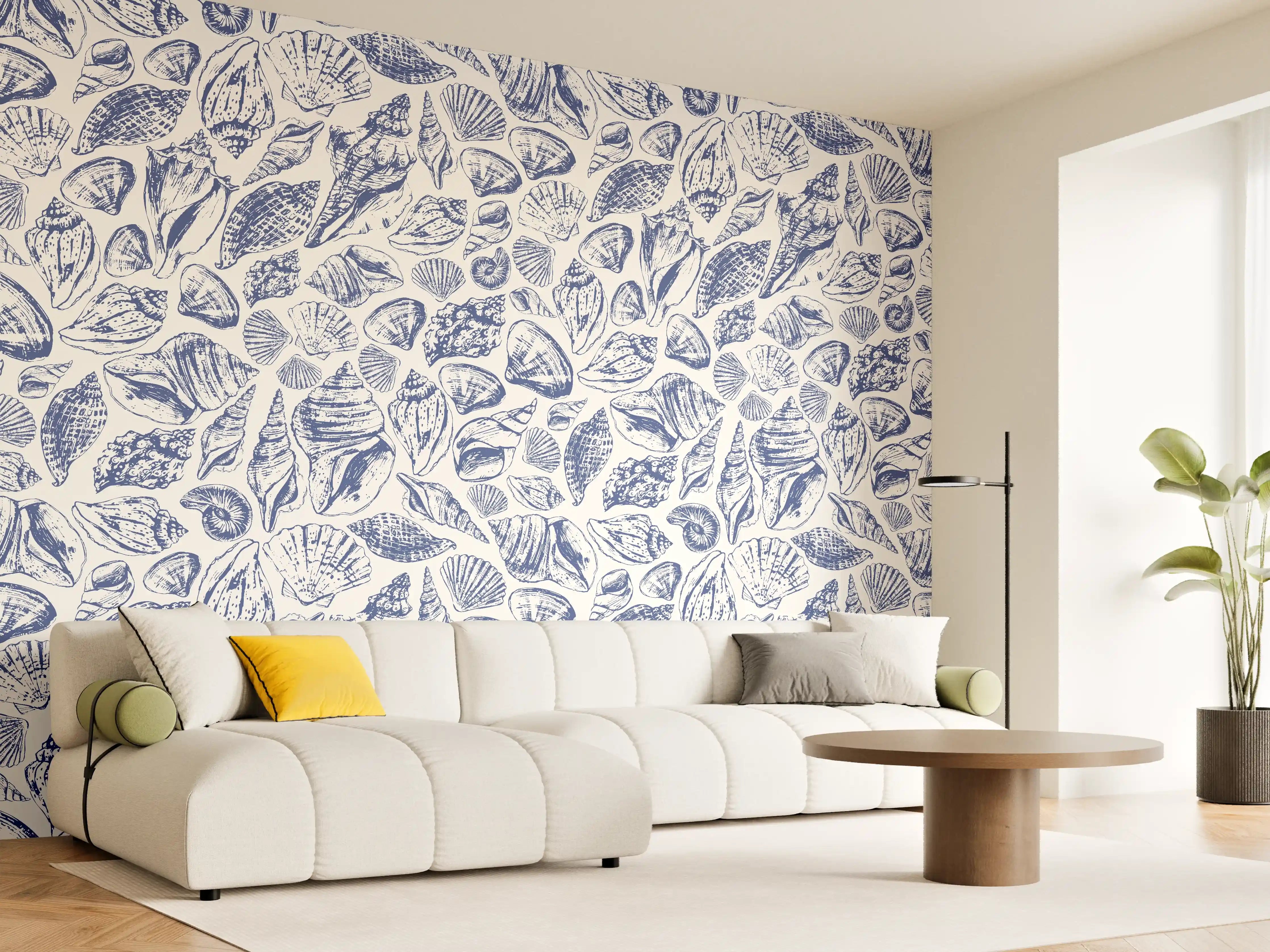 Wandverkleidung Wohnzimmer - Maritimes Muschelmuster Blau-Weiß