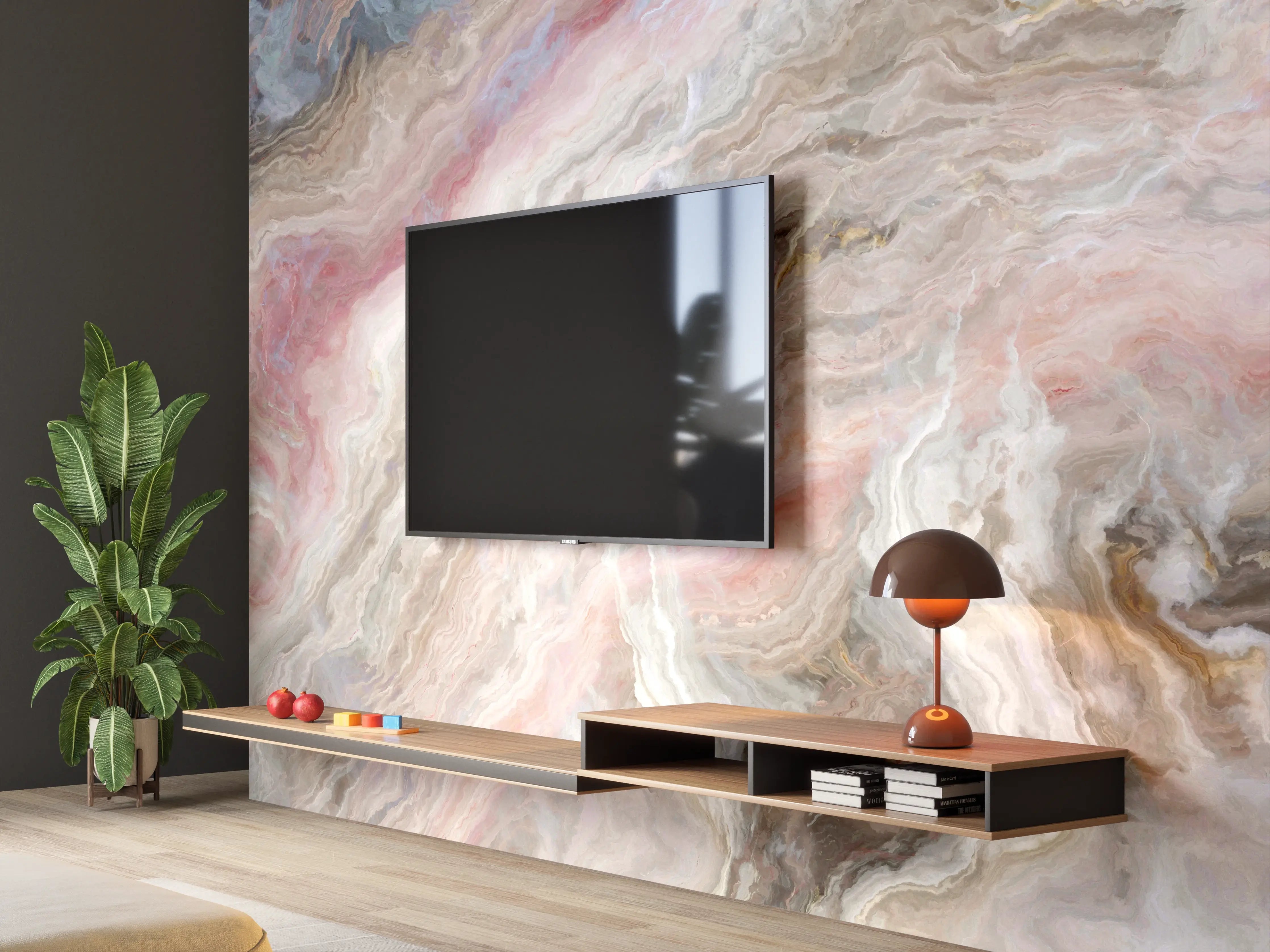 Wandverkleidung Wohnzimmer - Marmor-Design in sanften Farben
