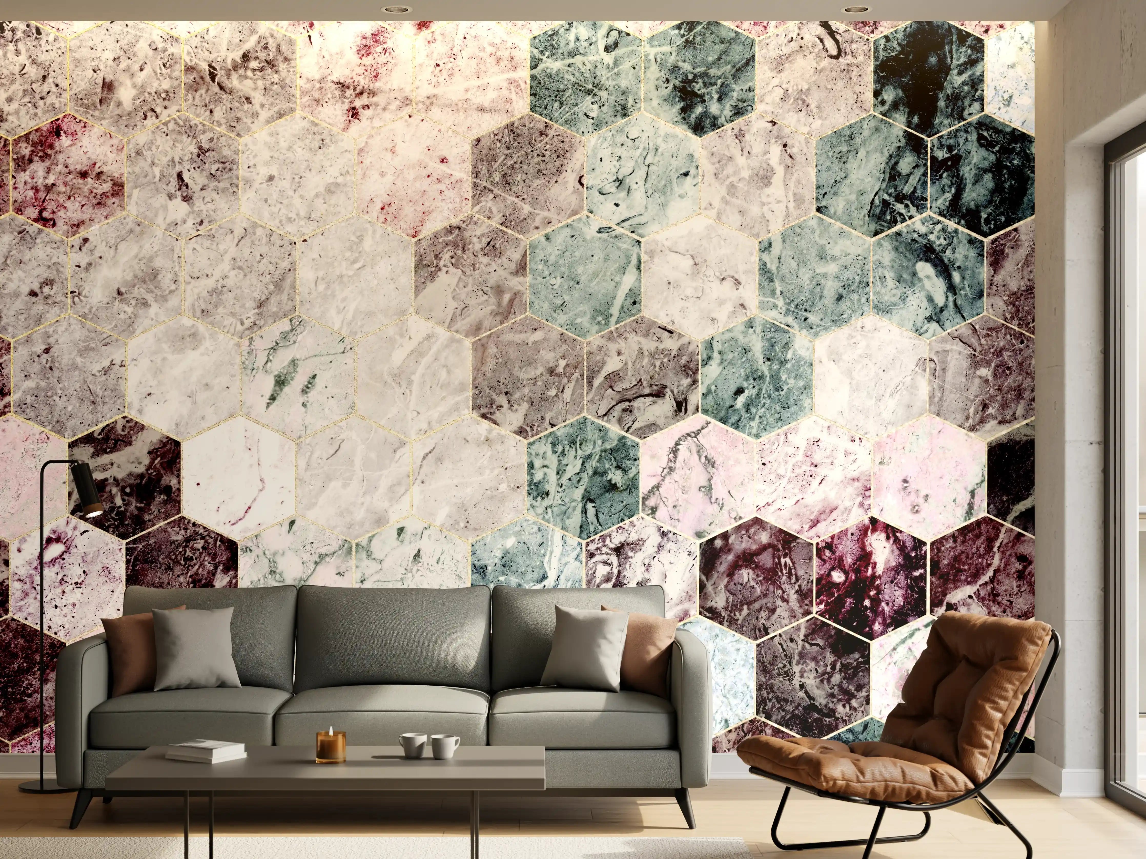 Wandverkleidung Wohnzimmer - Marmor Hexagonfliesen in Pastellfarben