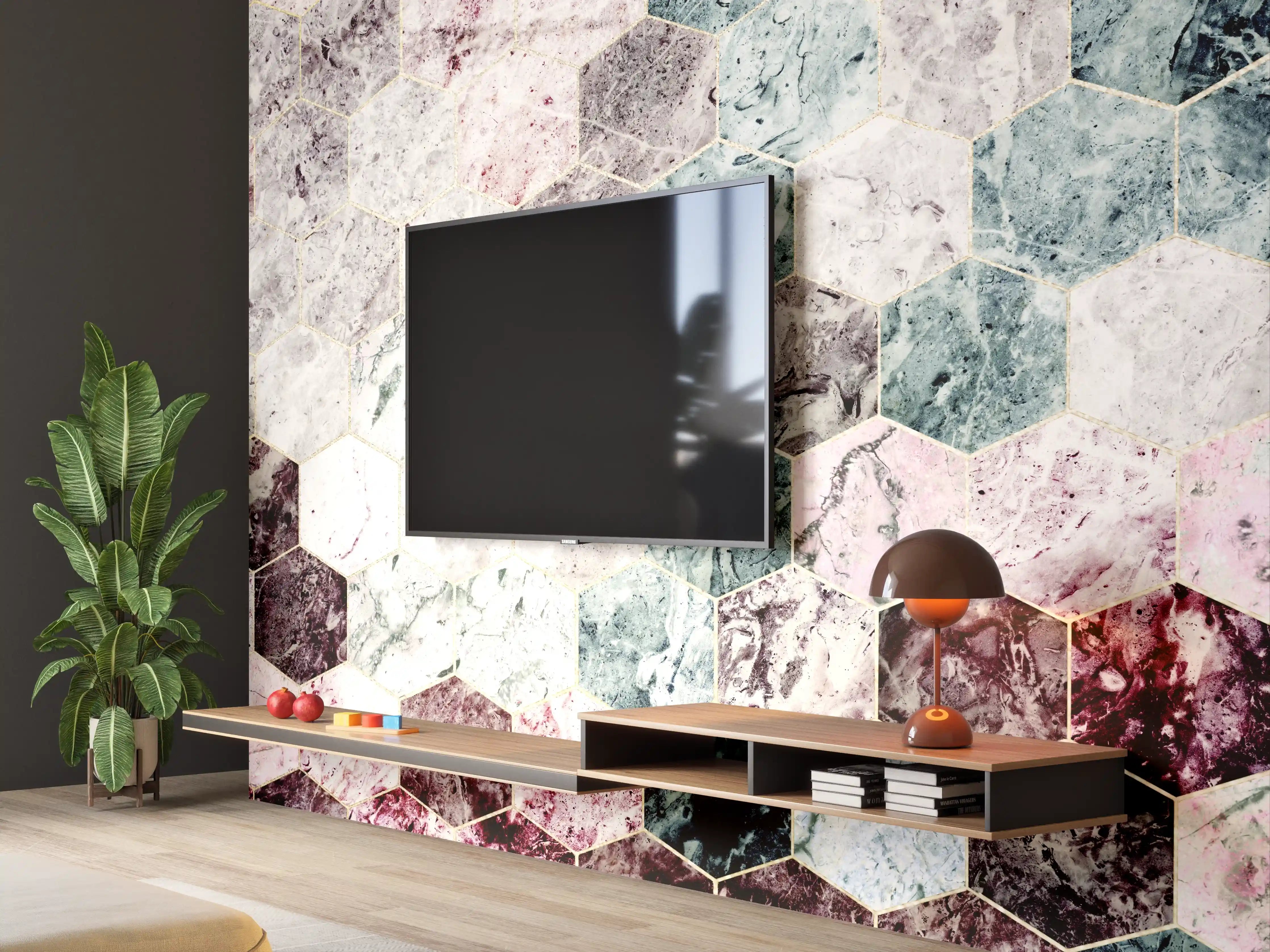 Wandverkleidung Wohnzimmer - Marmor Hexagonfliesen in Pastellfarben