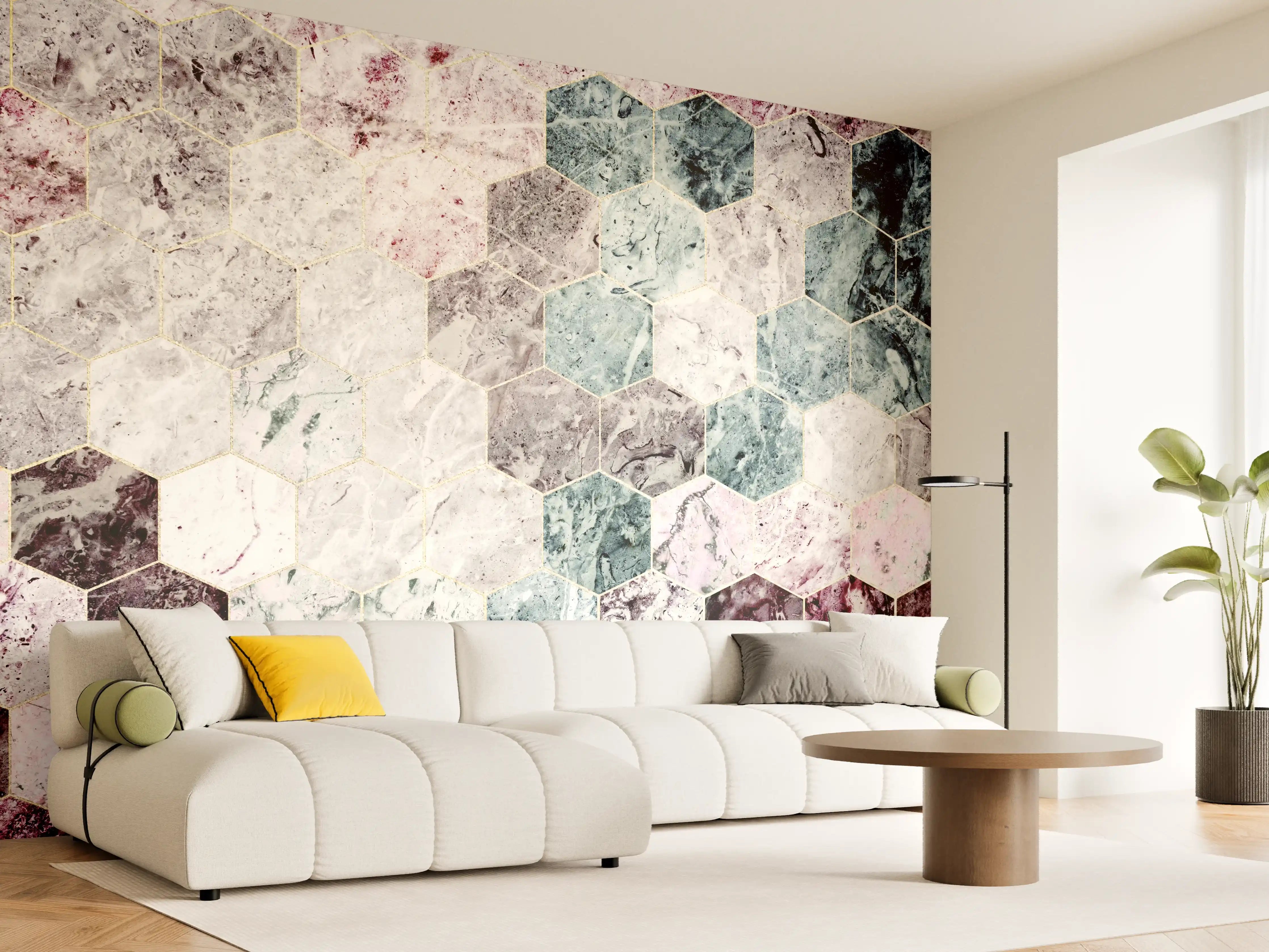 Wandverkleidung Wohnzimmer - Marmor Hexagonfliesen in Pastellfarben