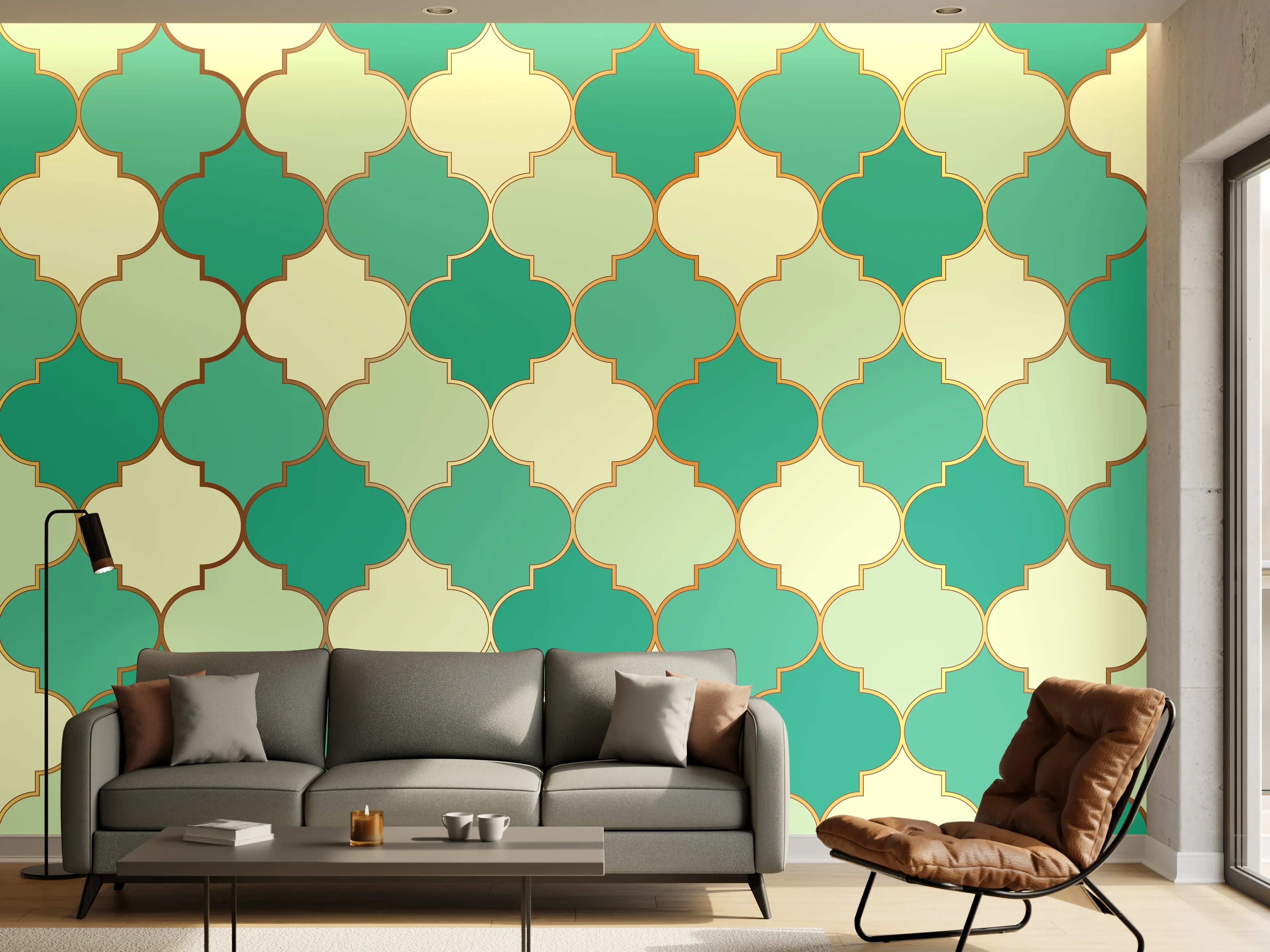 Wandverkleidung Wohnzimmer - Marokkanisches Türkis-Beige Muster