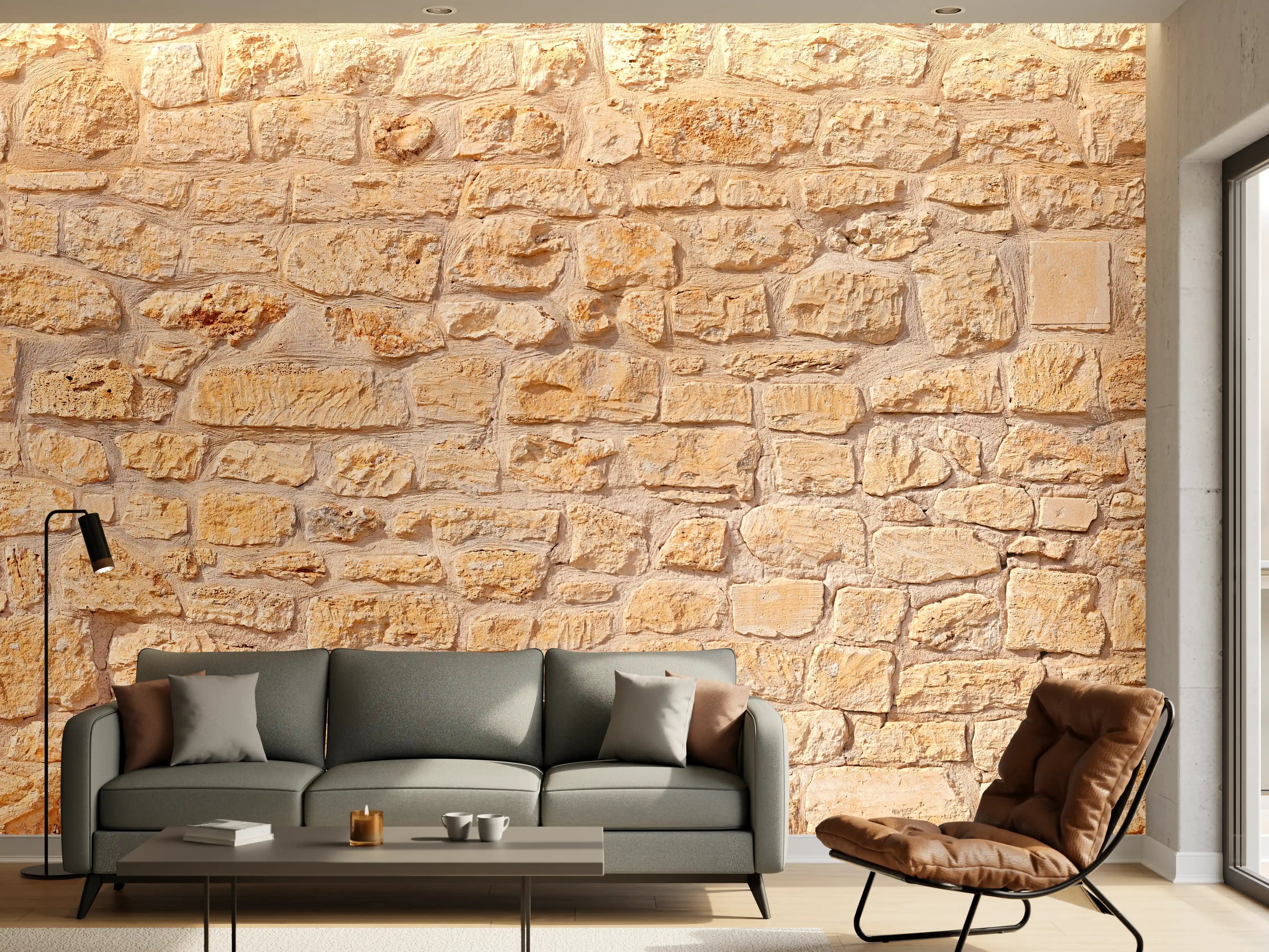 Wandverkleidung Wohnzimmer - Massive braune Steinfassade