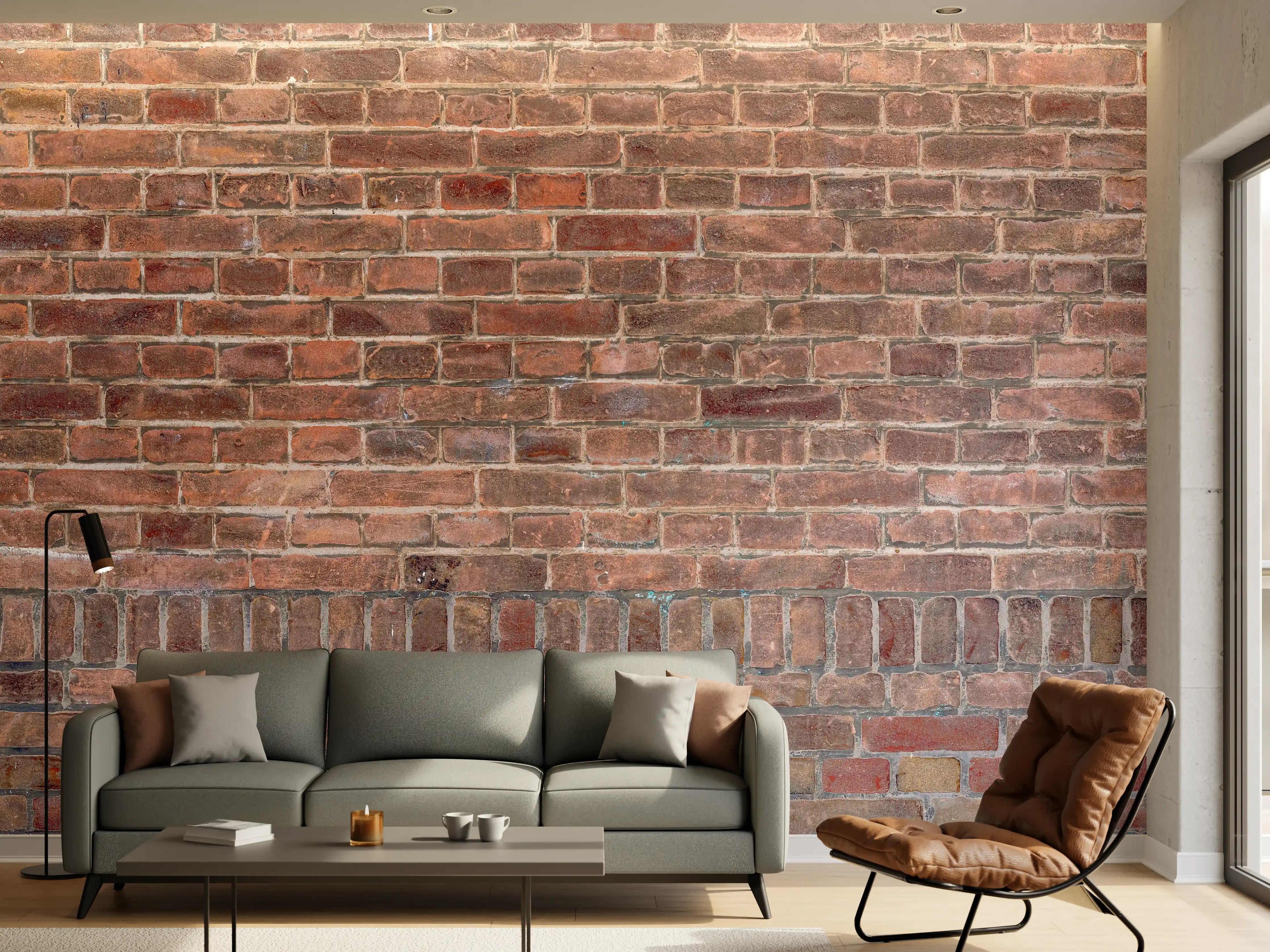 Wandverkleidung Wohnzimmer - Mauerstruktur aus alten braunen Ziegeln