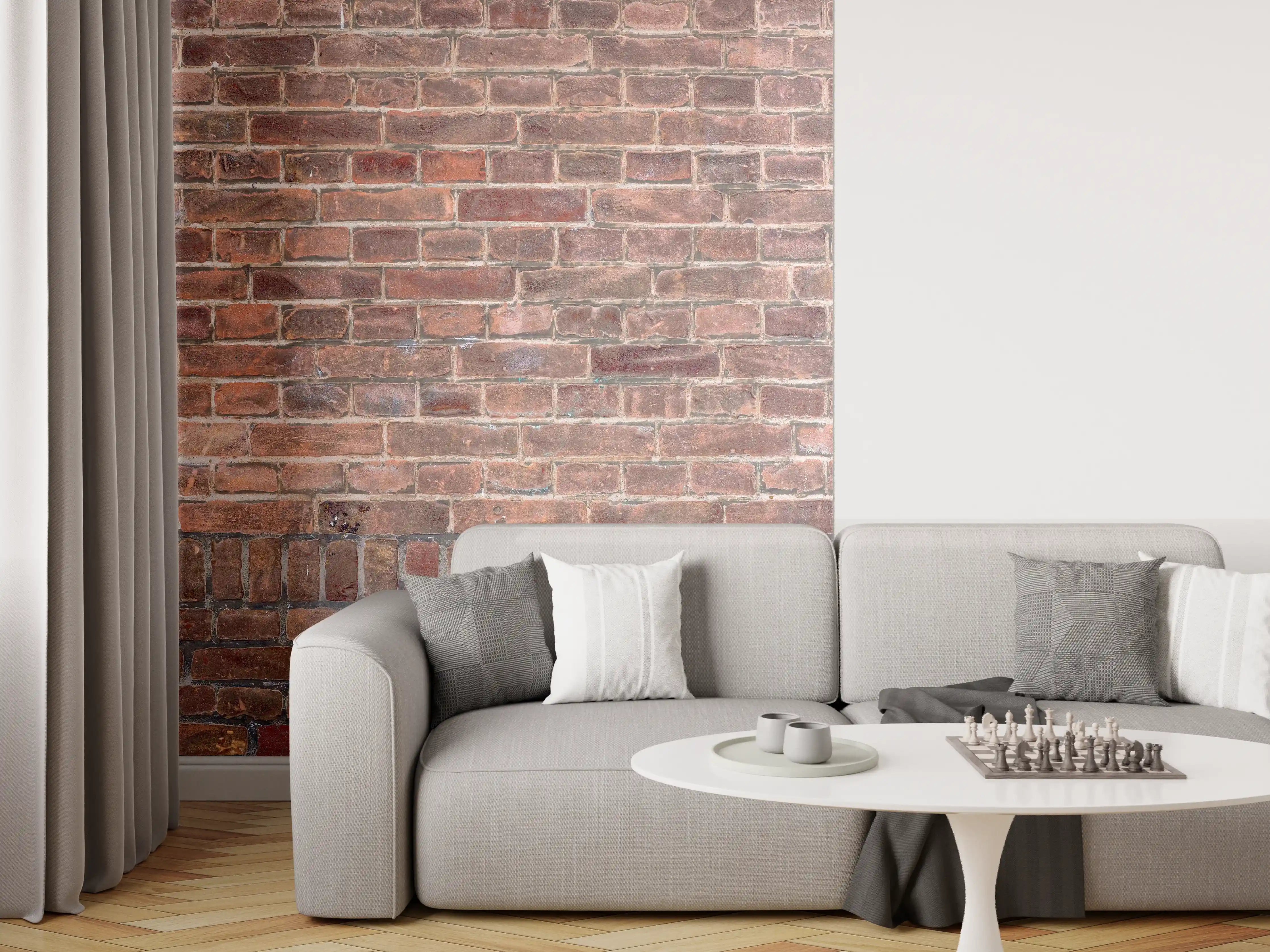 Wandverkleidung Wohnzimmer - Mauerstruktur aus alten braunen Ziegeln