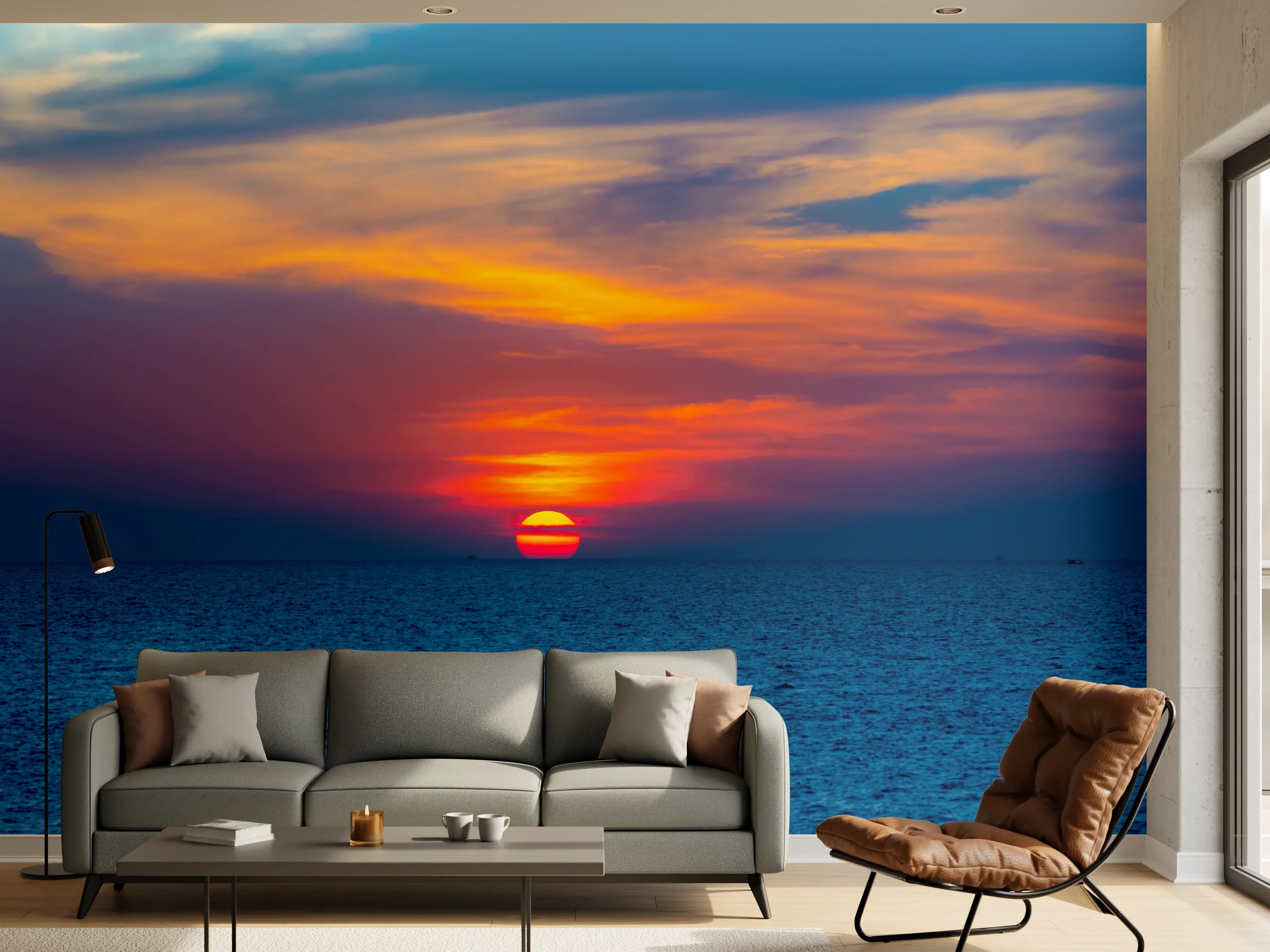 Wandverkleidung Wohnzimmer - Meer-Sonnenuntergang Blau-Orange