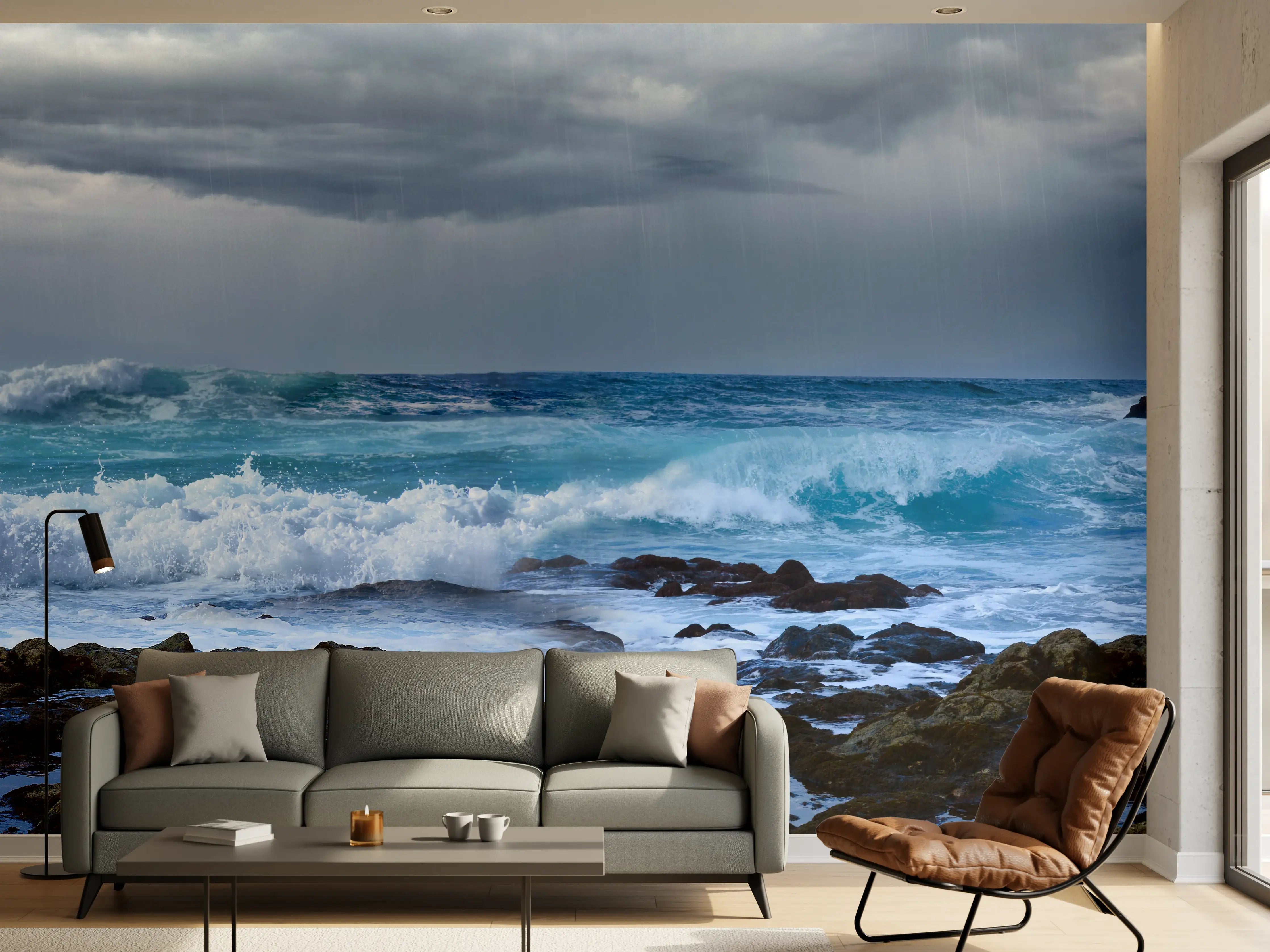 Wandverkleidung Wohnzimmer - Meeresküste mit dunklen Regenwolken und stürmischer See