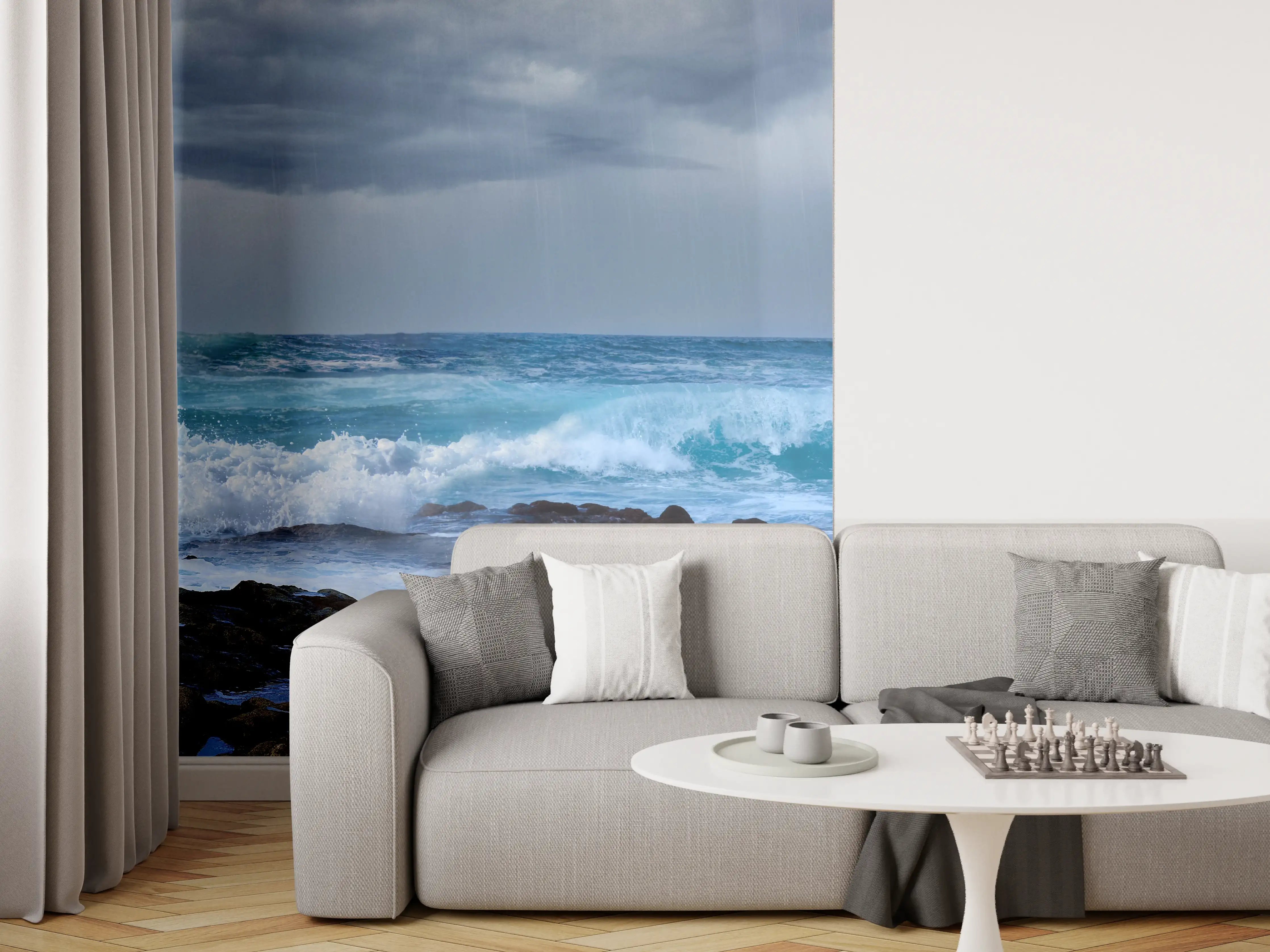 Wandverkleidung Wohnzimmer - Meeresküste mit dunklen Regenwolken und stürmischer See