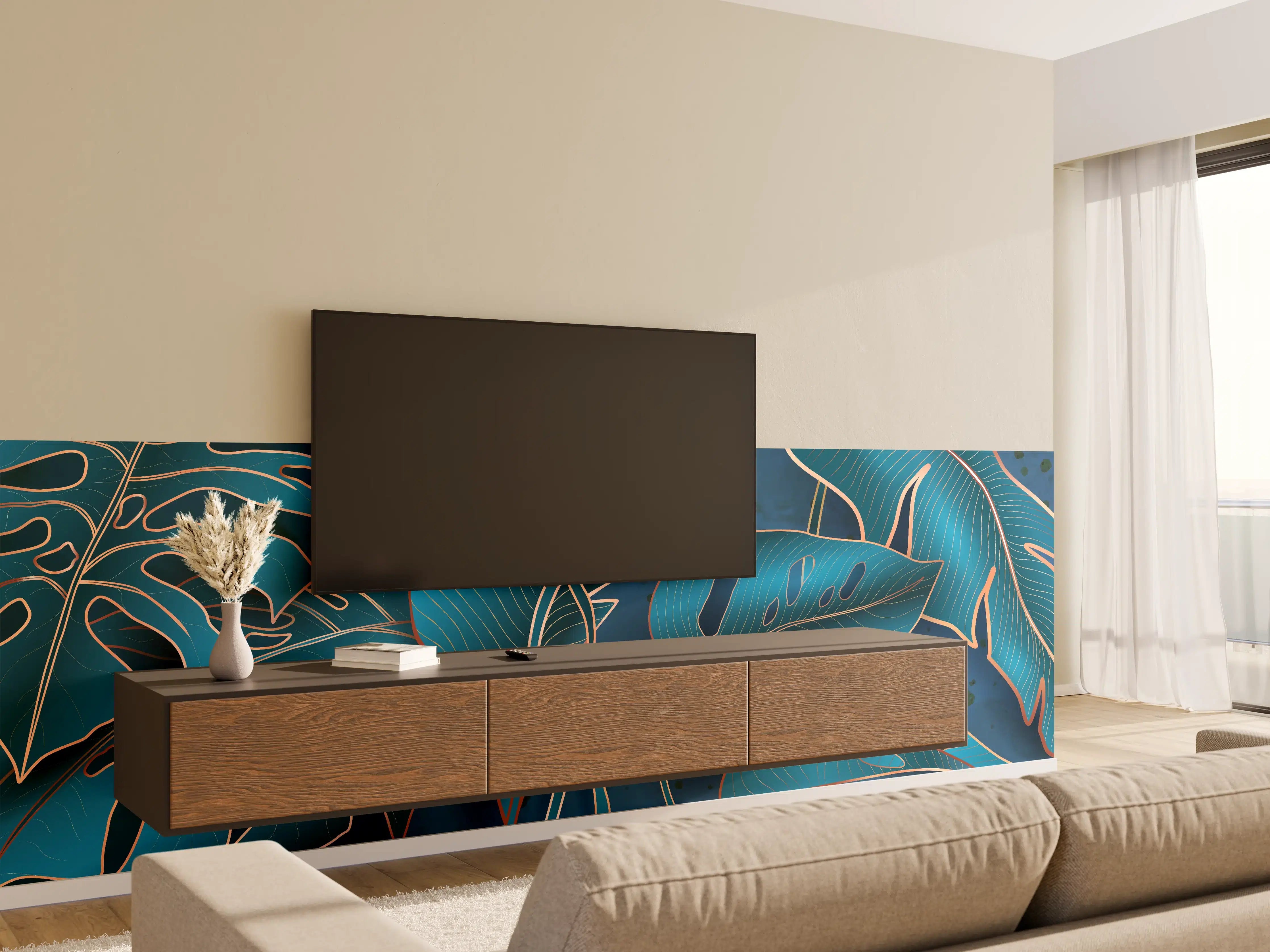 Wandverkleidung Wohnzimmer - Metallisch-blaues Pflanzenmuster