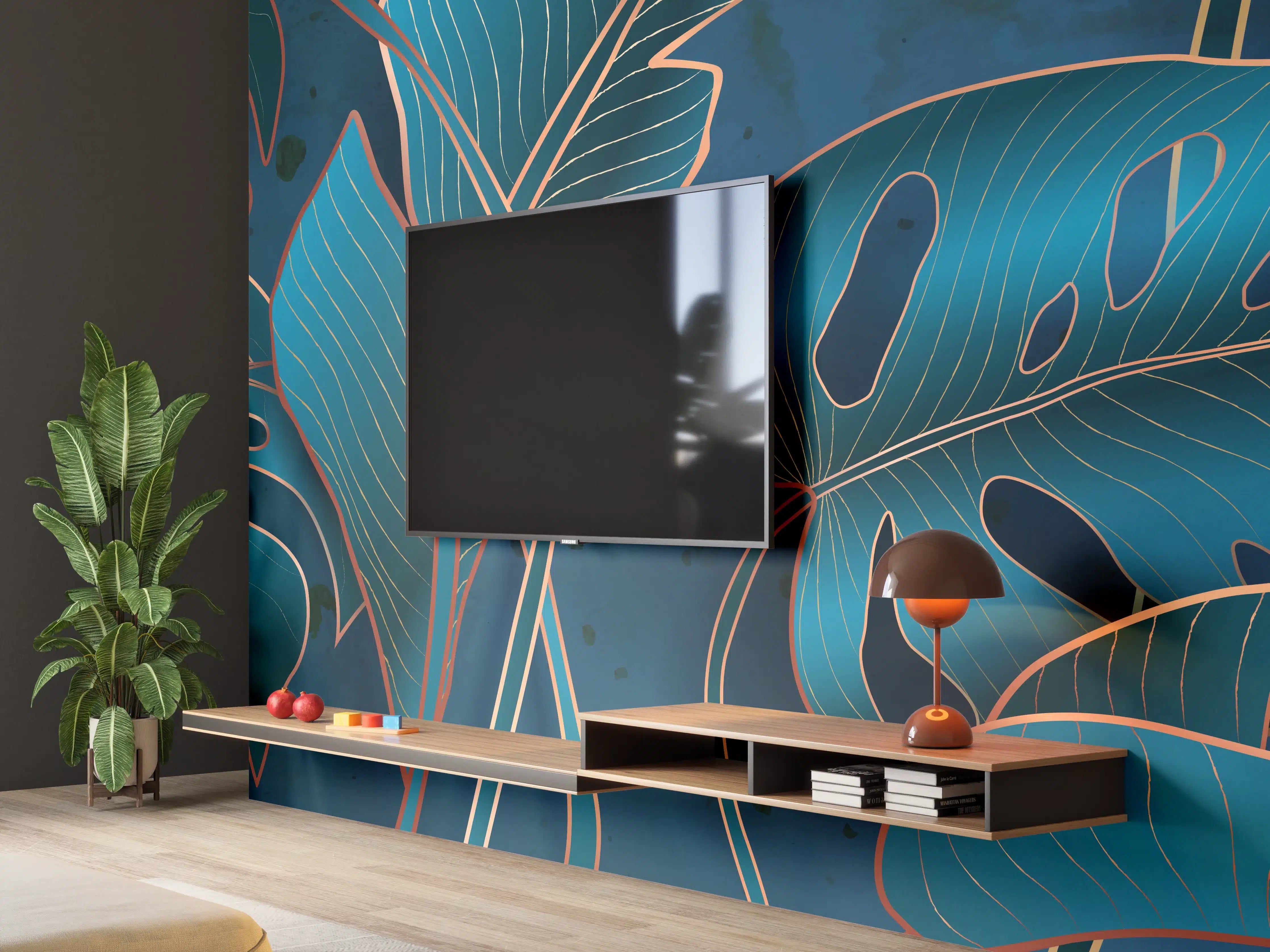 Wandverkleidung Wohnzimmer - Metallisch-blaues Pflanzenmuster