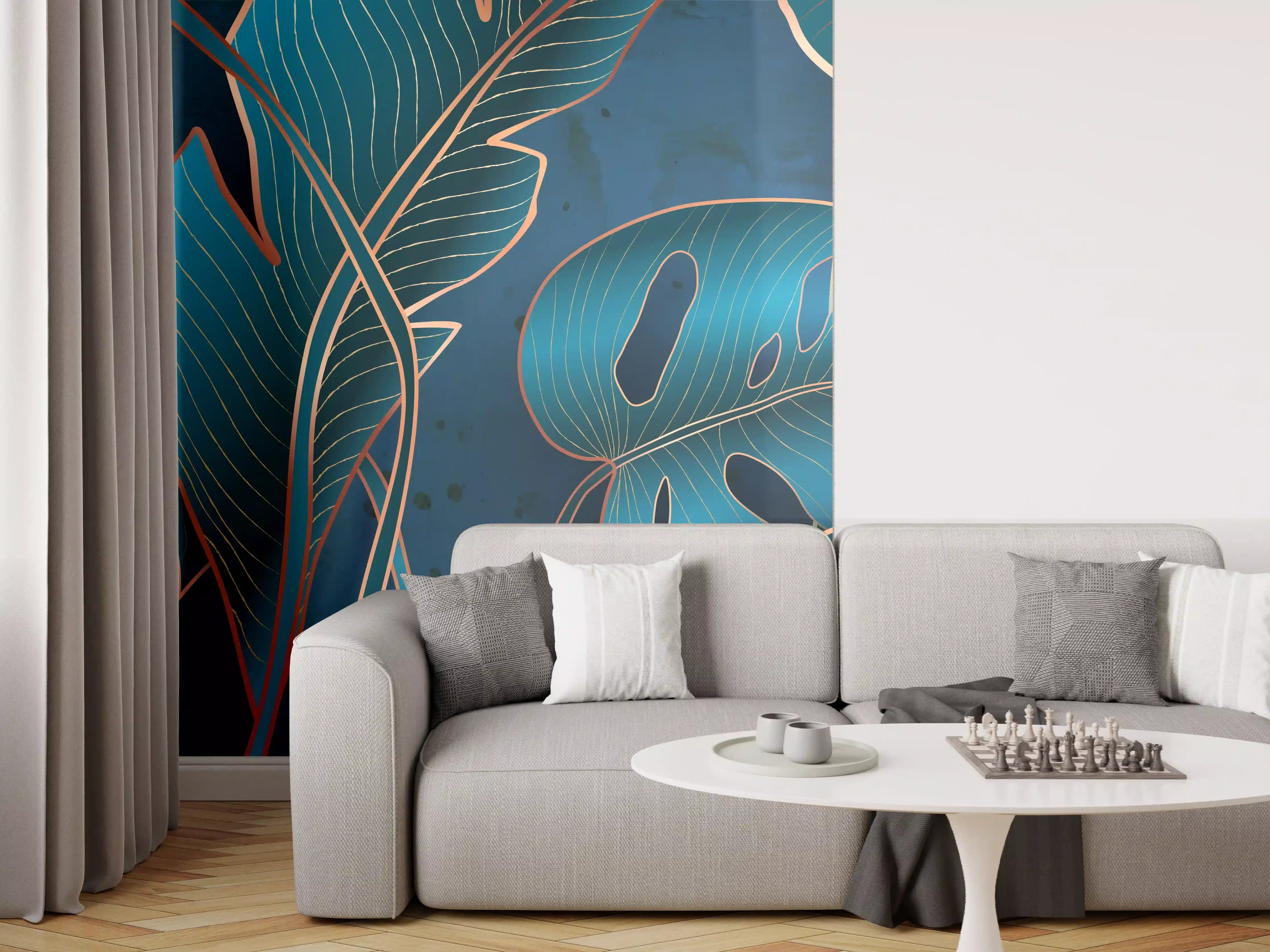 Wandverkleidung Wohnzimmer - Metallisch-blaues Pflanzenmuster