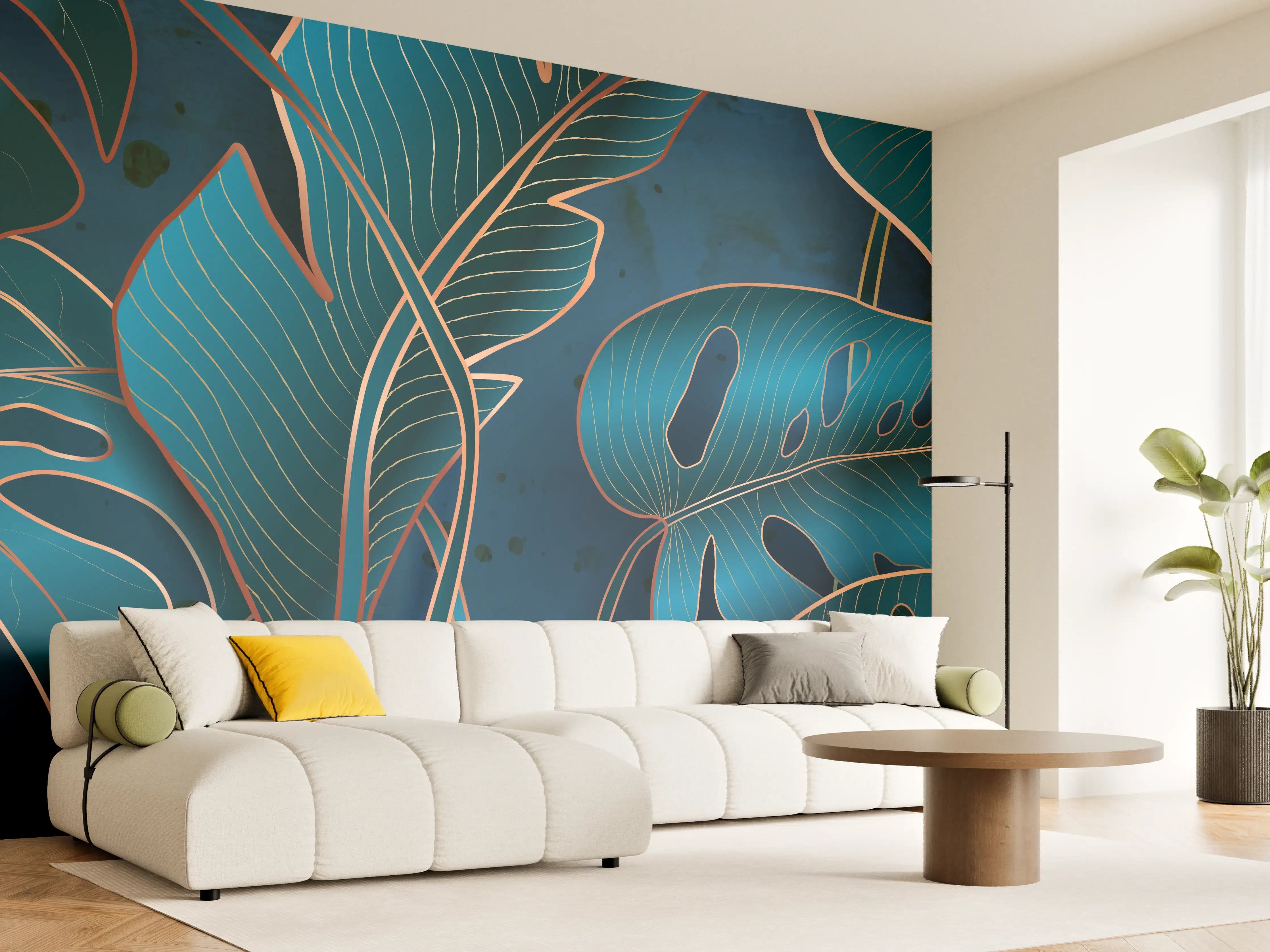 Wandverkleidung Wohnzimmer - Metallisch-blaues Pflanzenmuster