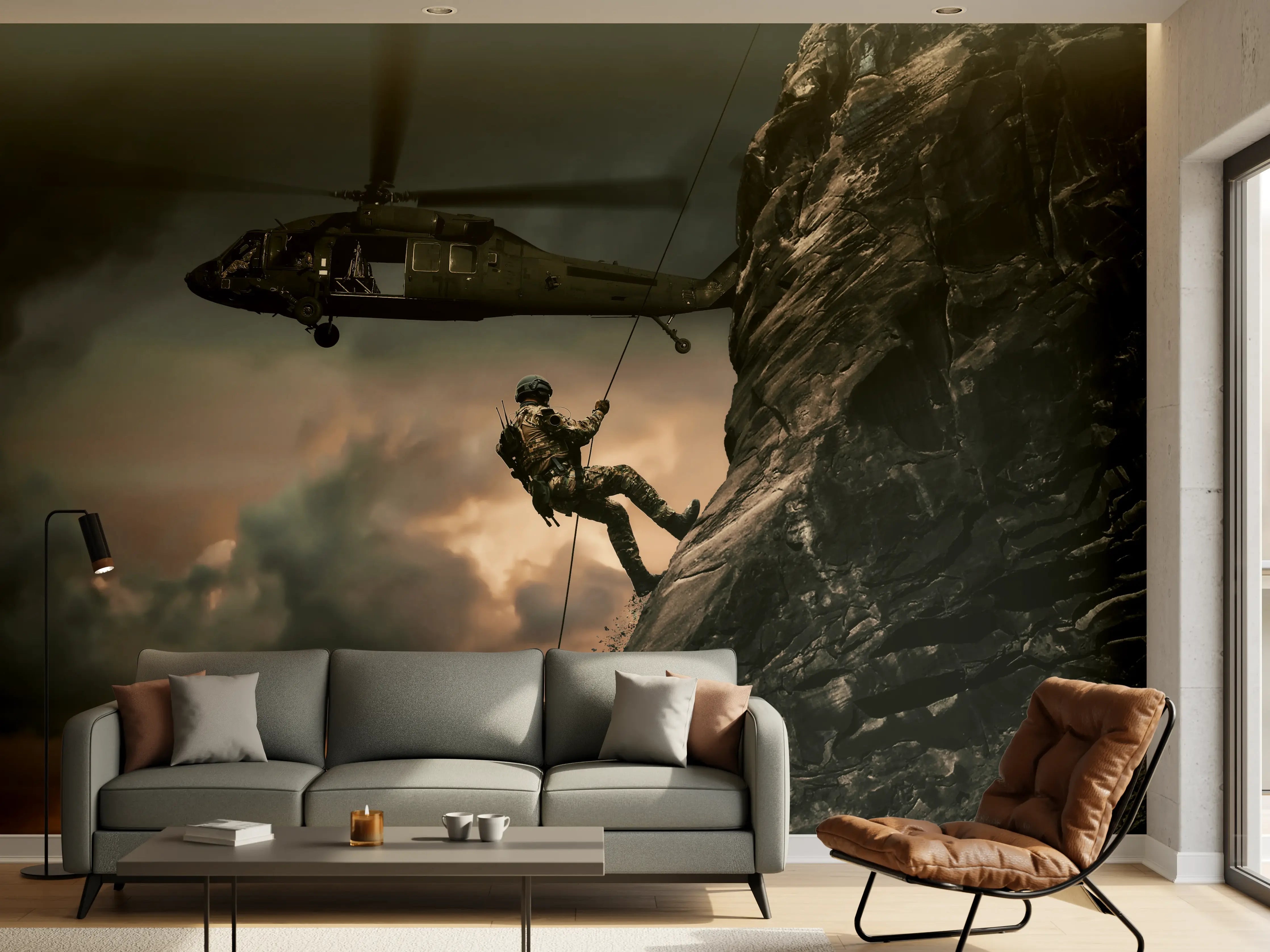 Wandverkleidung Wohnzimmer - Militärhubschrauber und Truppen