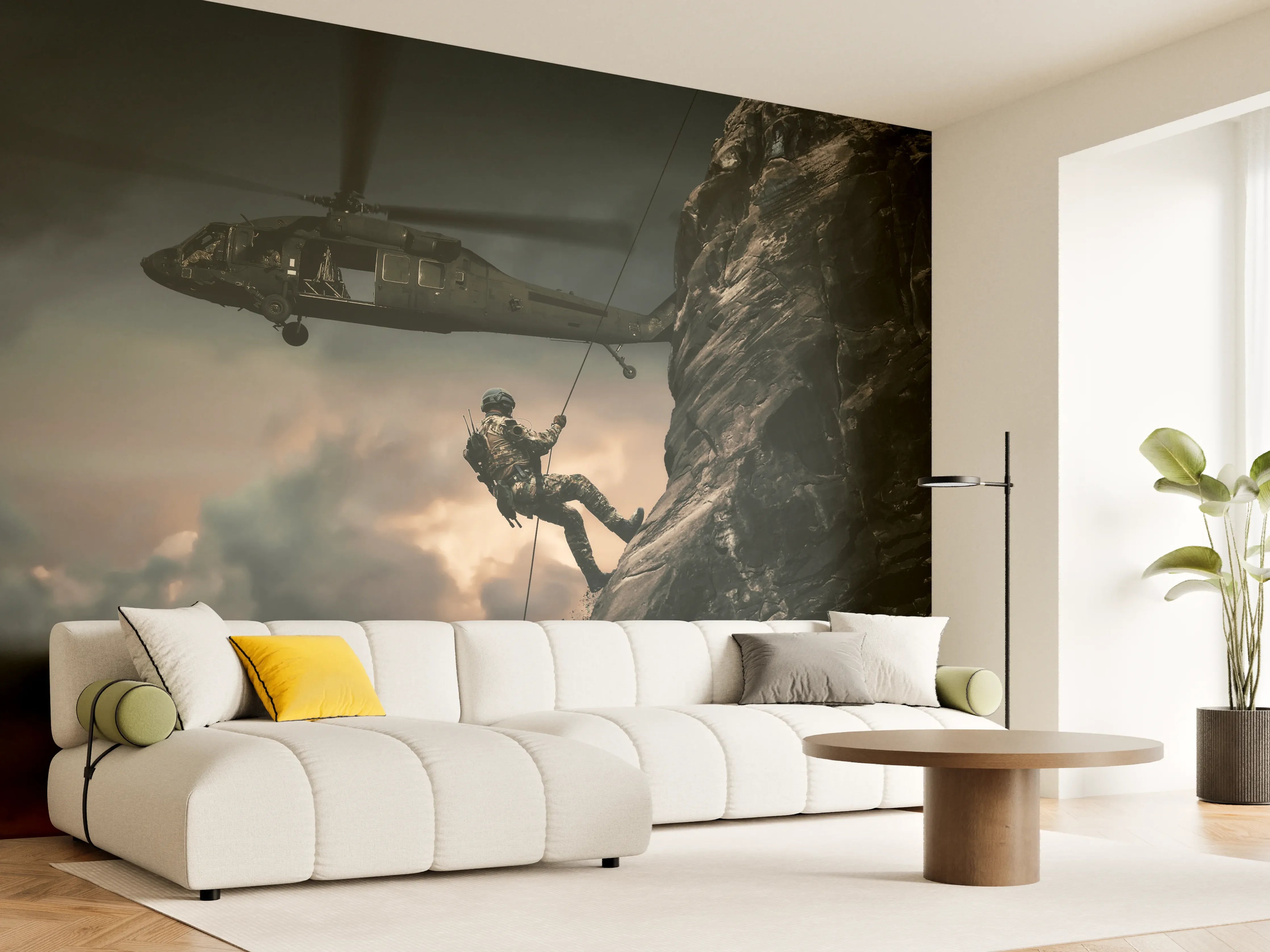 Wandverkleidung Wohnzimmer - Militärhubschrauber und Truppen