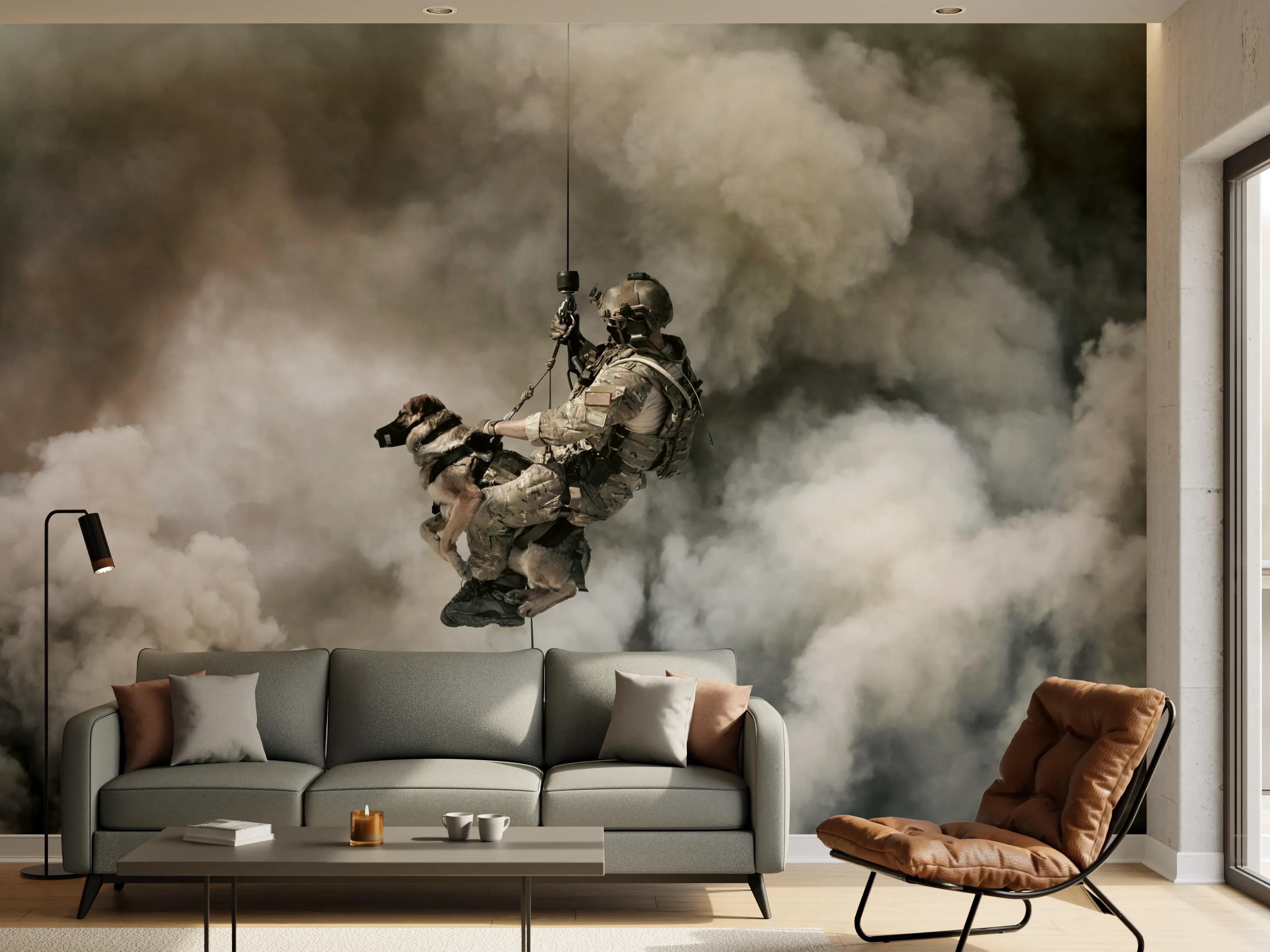 Wandverkleidung Wohnzimmer - Militärsoldat mit Hund
