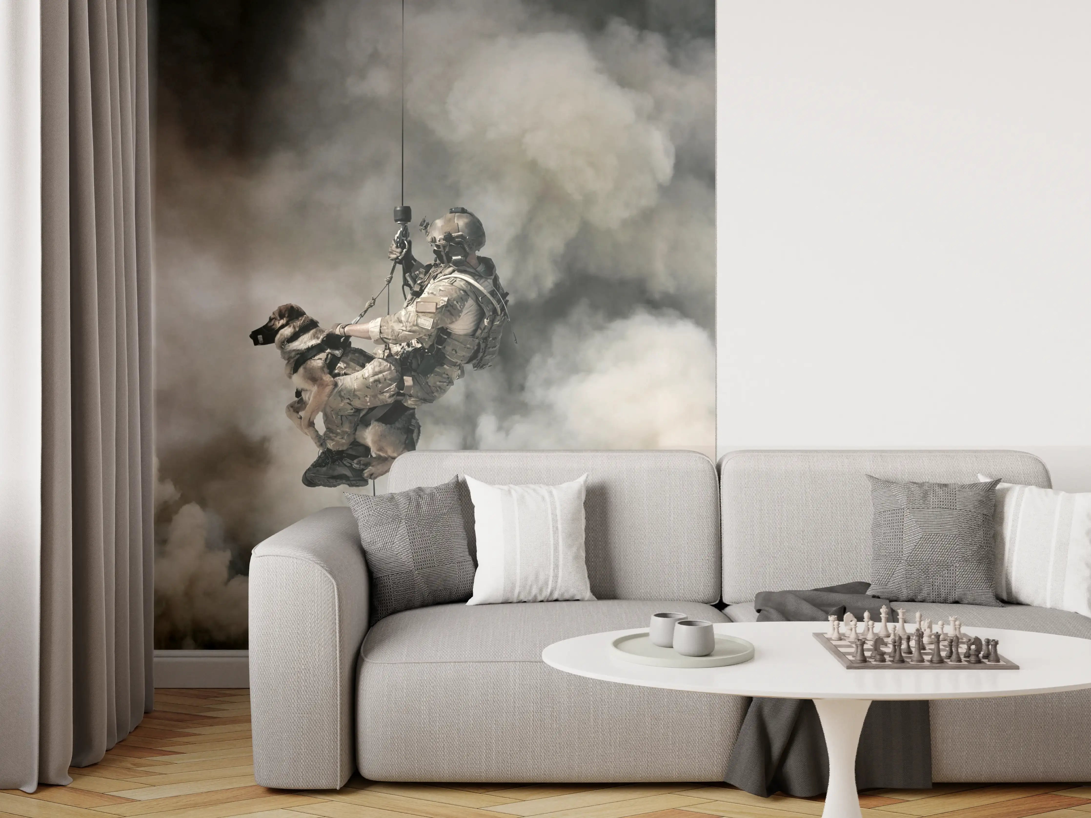 Wandverkleidung Wohnzimmer - Militärsoldat mit Hund