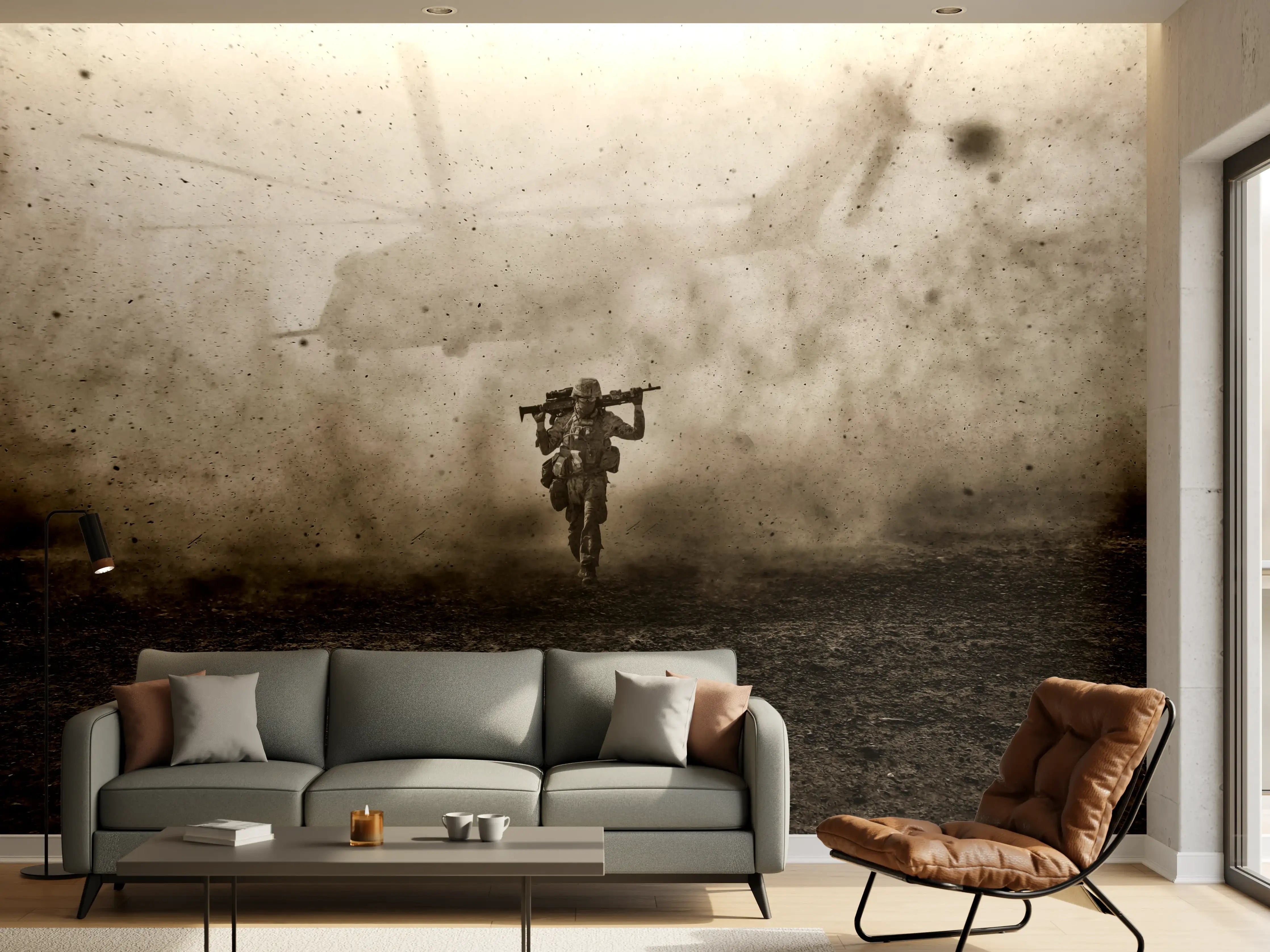 Wandverkleidung Wohnzimmer - Militärsoldat und Hubschrauber zwischen Sturm und Staub