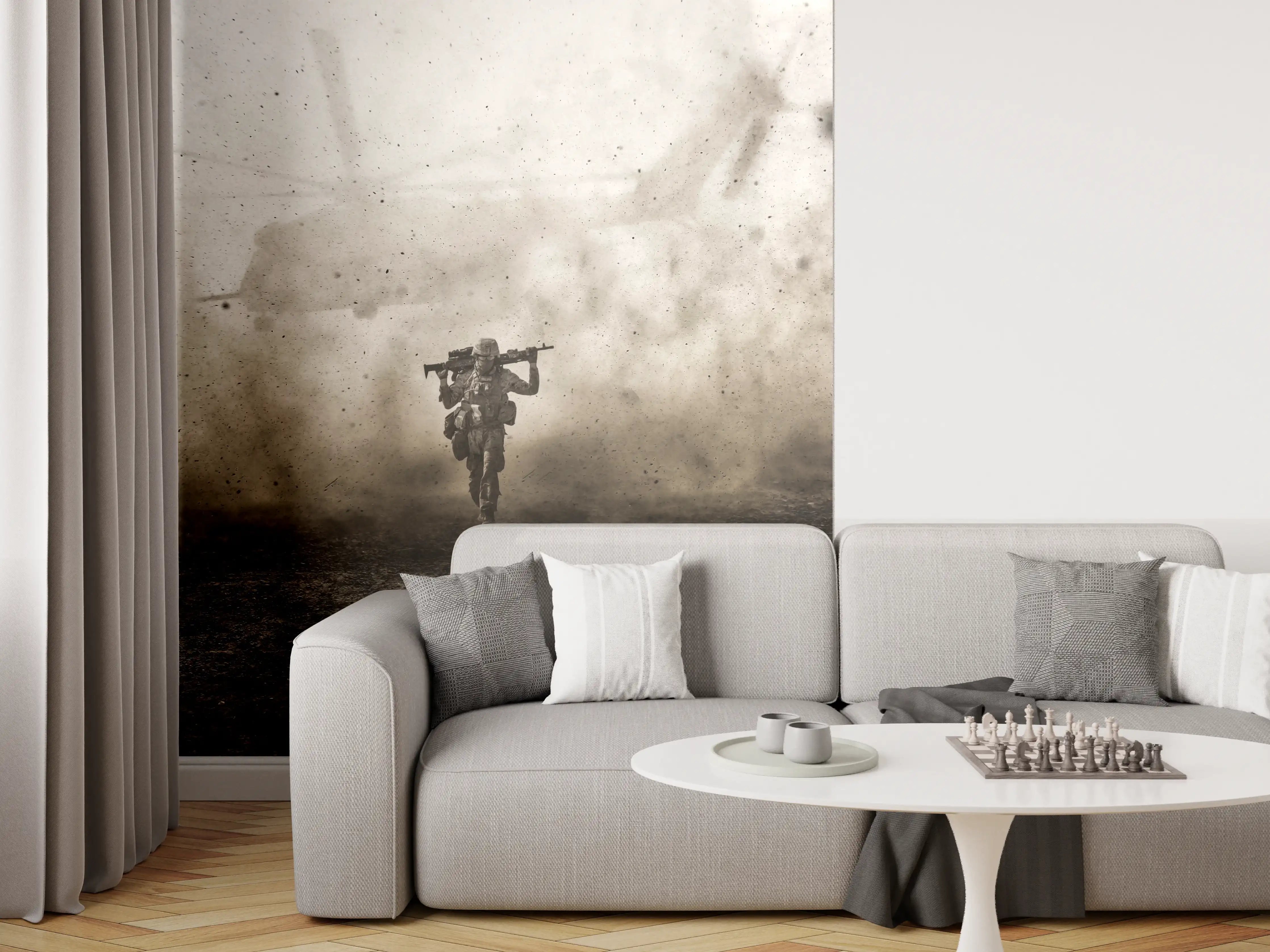 Wandverkleidung Wohnzimmer - Militärsoldat und Hubschrauber zwischen Sturm und Staub