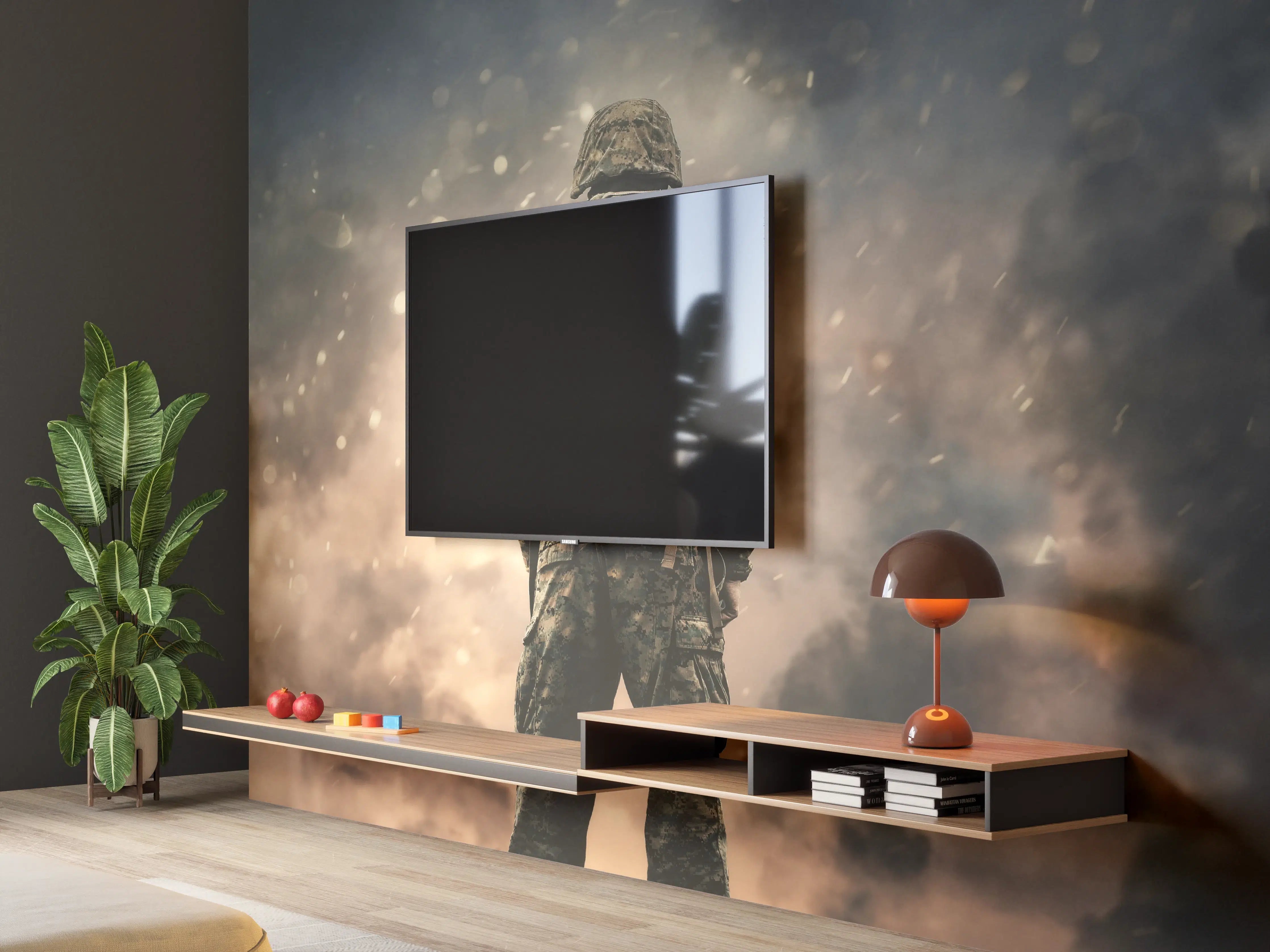 Wandverkleidung Wohnzimmer - Militärsoldat zwischen Rauch und Staub