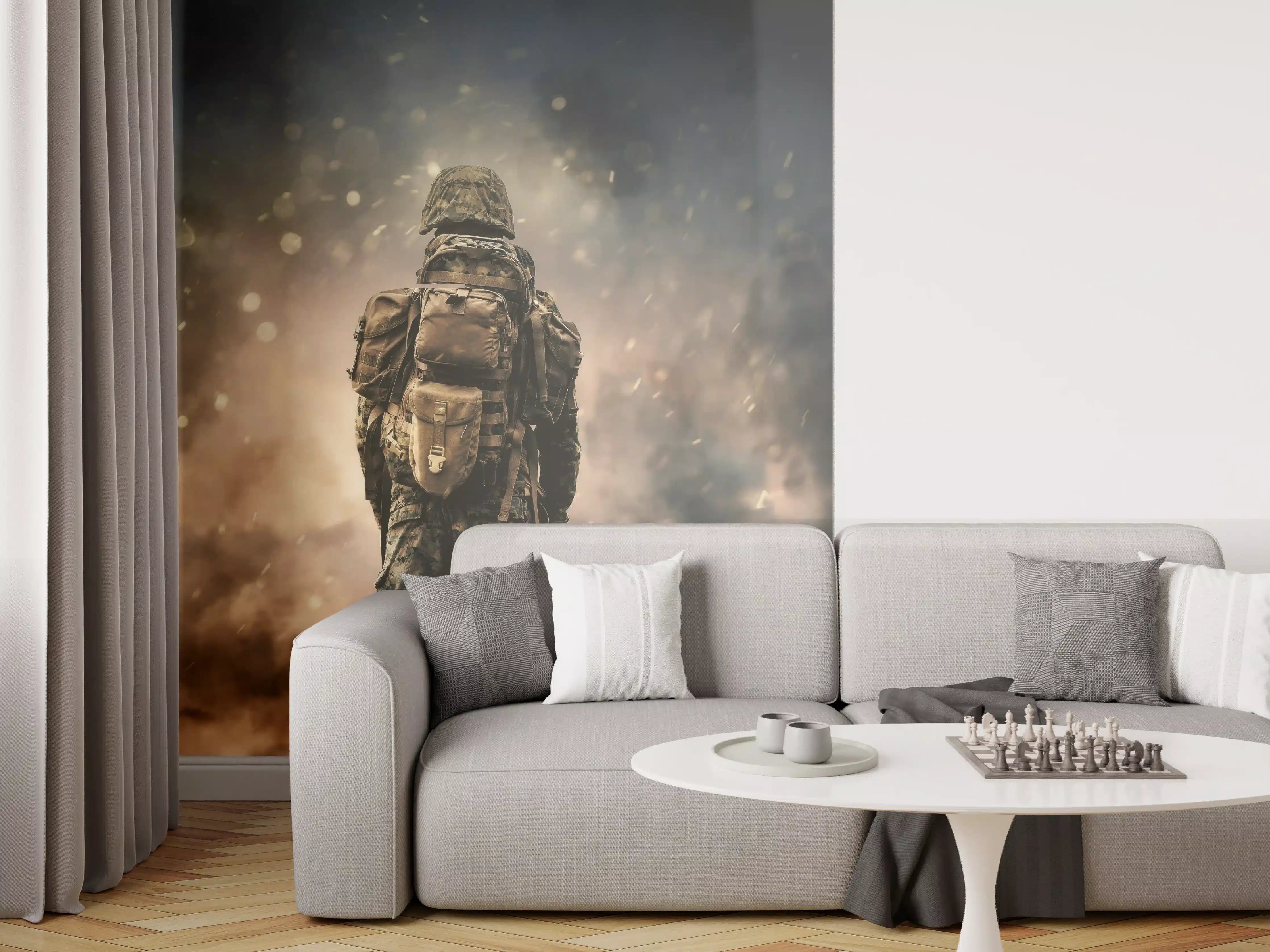 Wandverkleidung Wohnzimmer - Militärsoldat zwischen Rauch und Staub