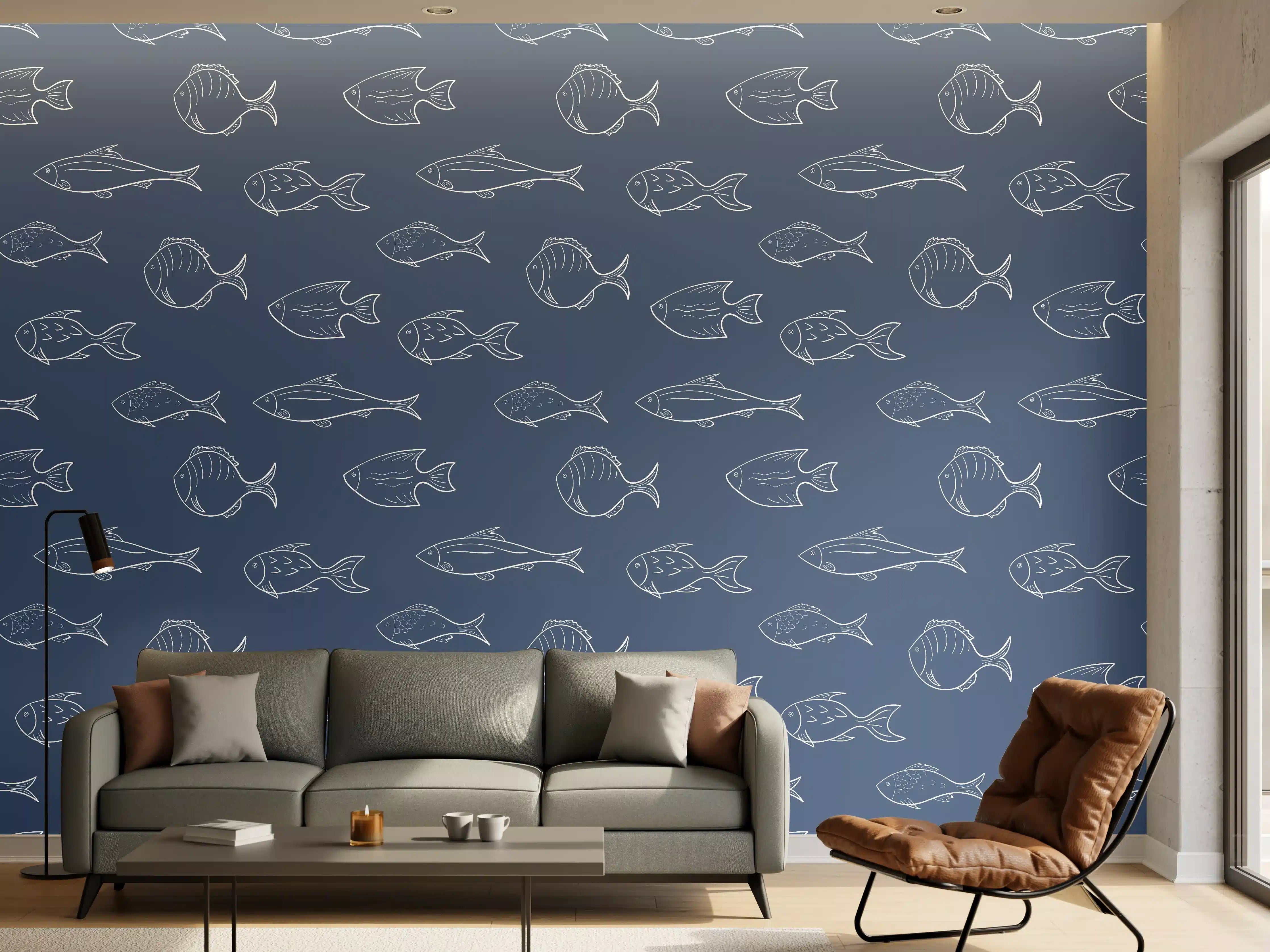 Wandverkleidung Wohnzimmer - Minimal Fischmuster Blau