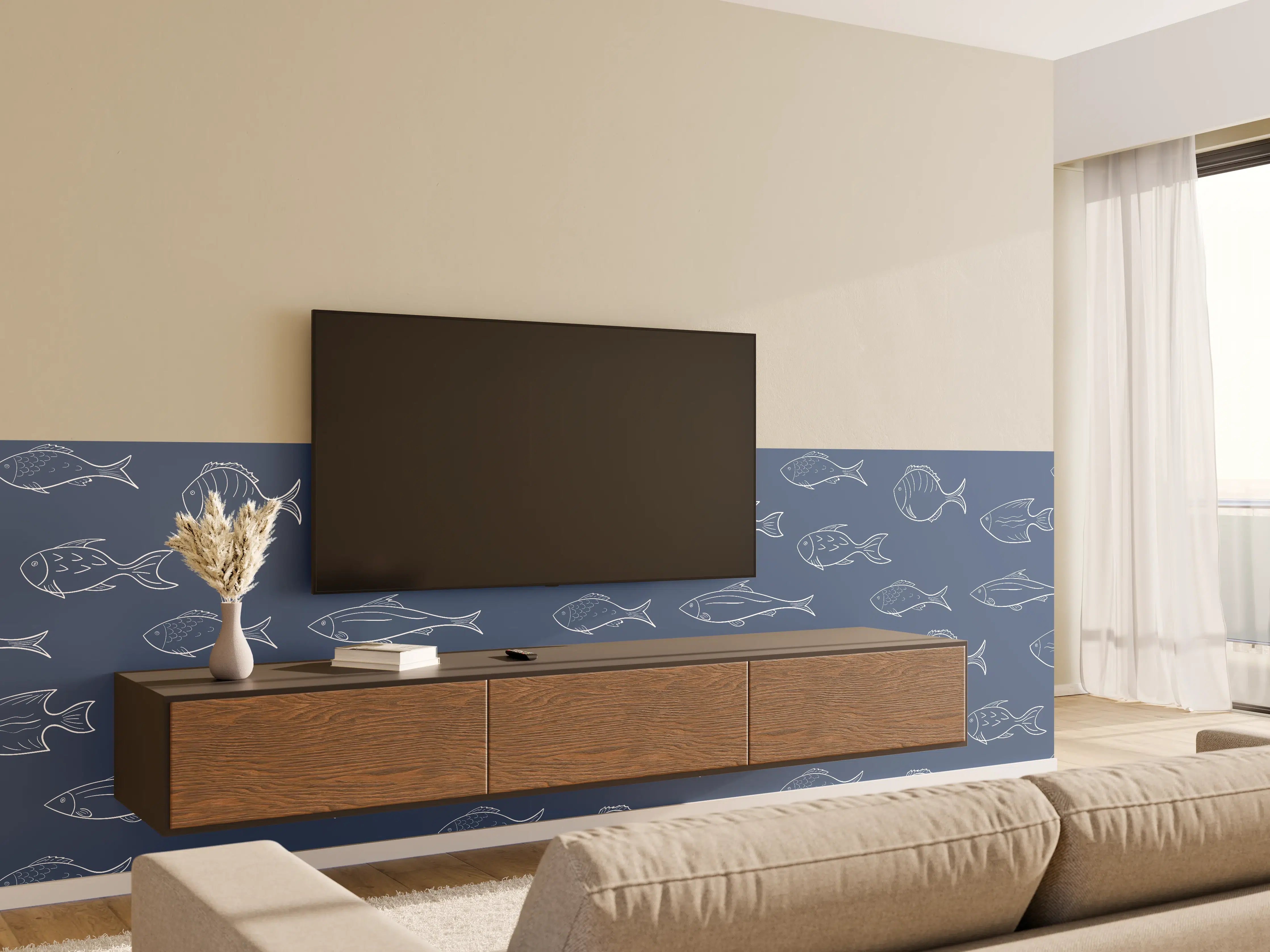 Wandverkleidung Wohnzimmer - Minimal Fischmuster Blau