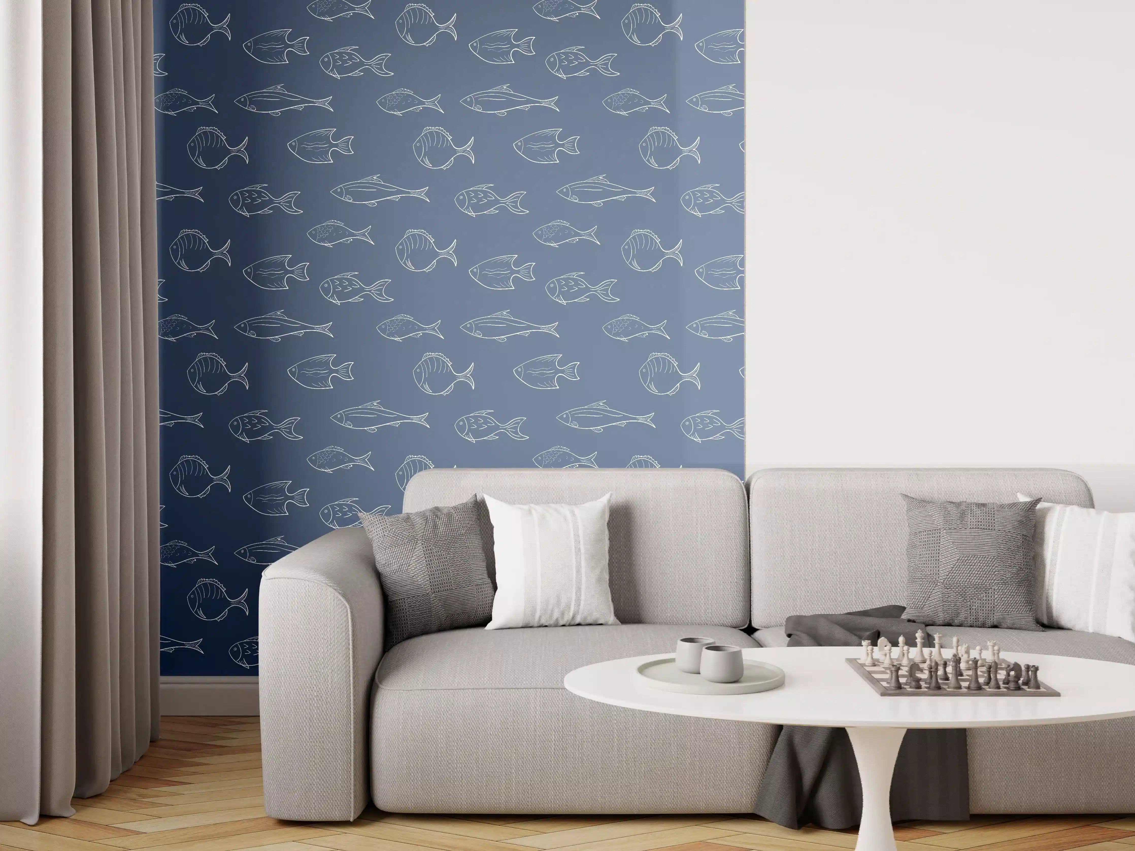 Wandverkleidung Wohnzimmer - Minimal Fischmuster Blau