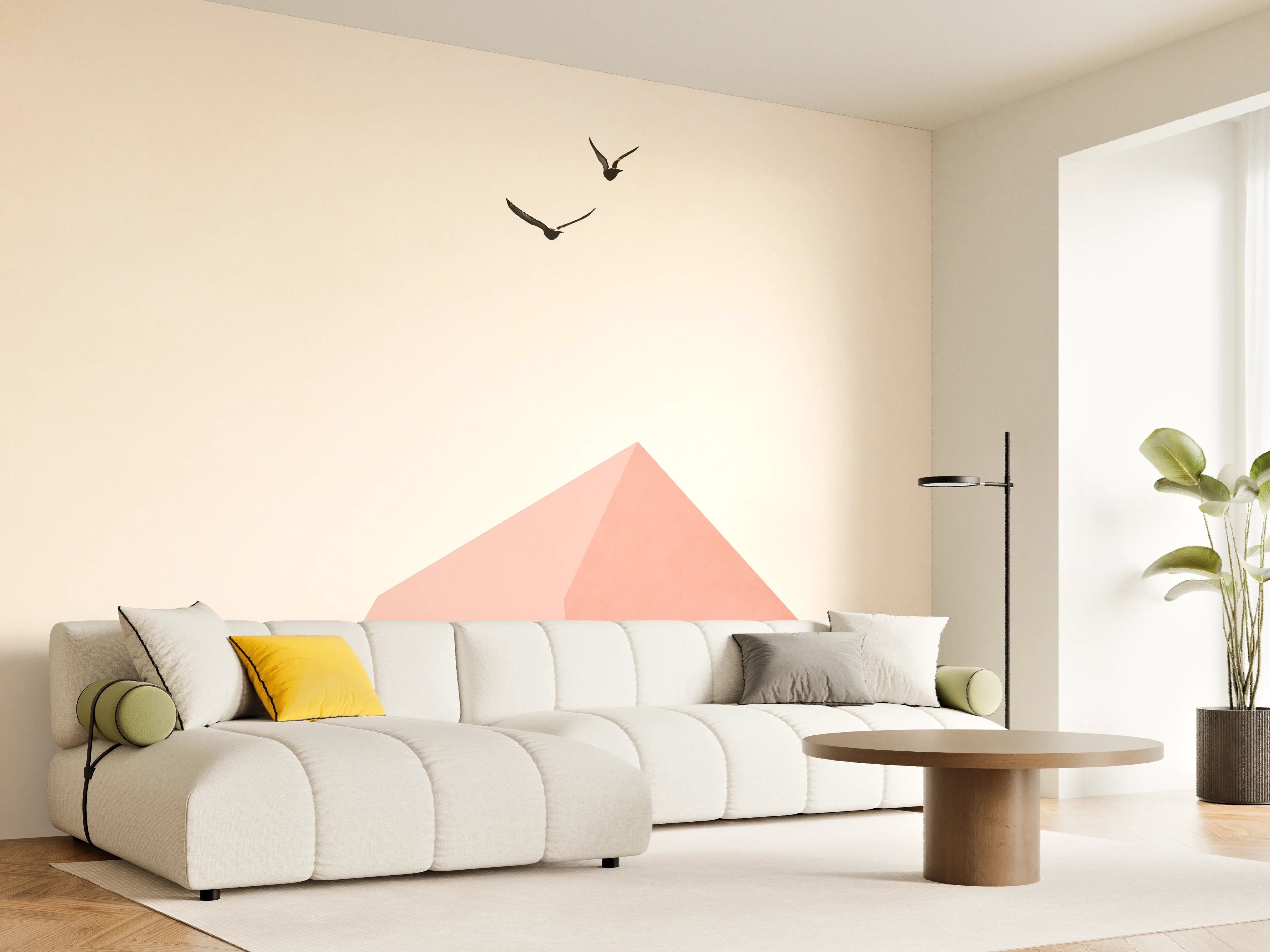 Wandverkleidung Wohnzimmer - Minimalistische Berglandschaft mit Vögeln