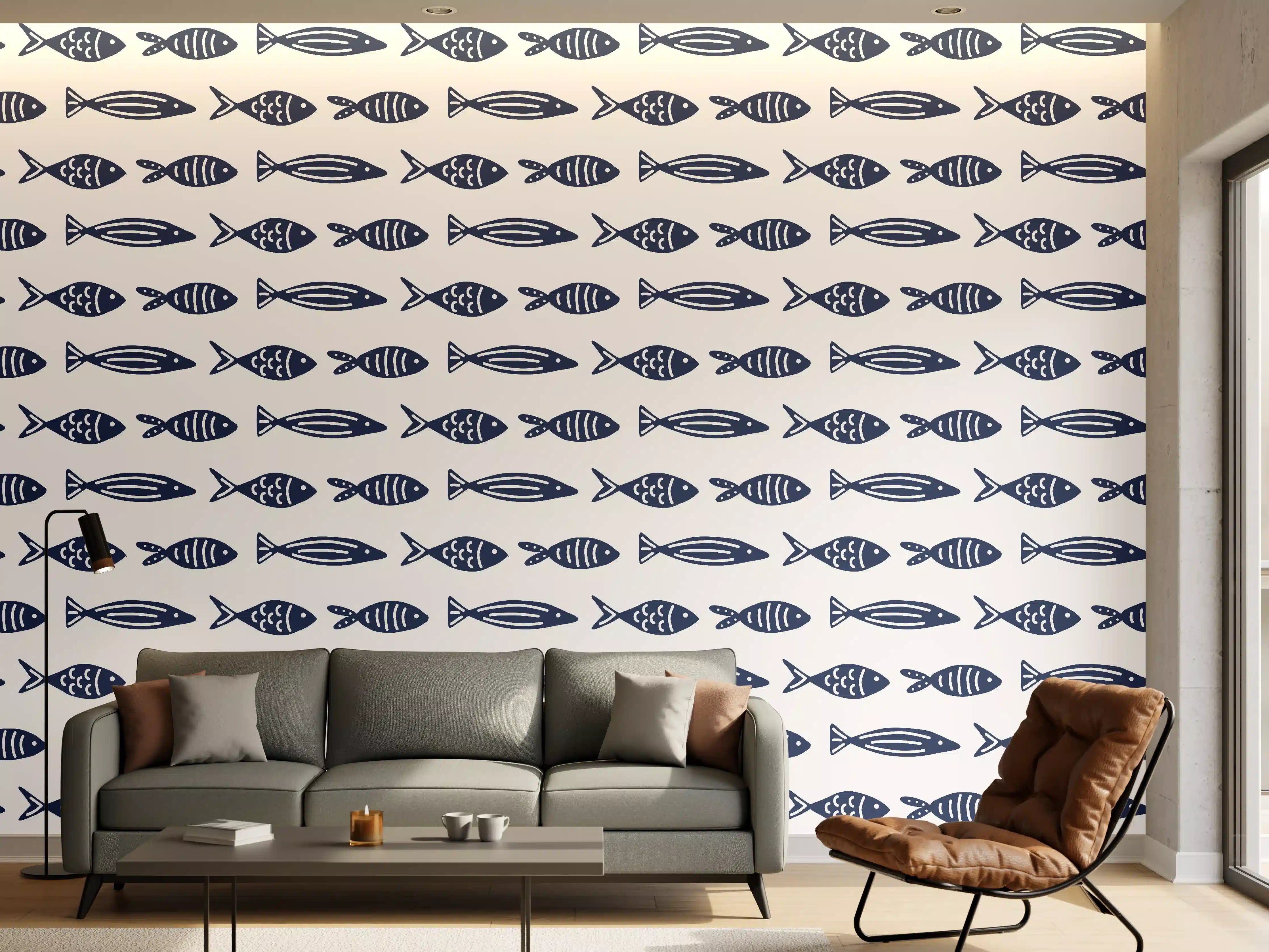 Wandverkleidung Wohnzimmer - Minimalistische Fische Blau-Weiß