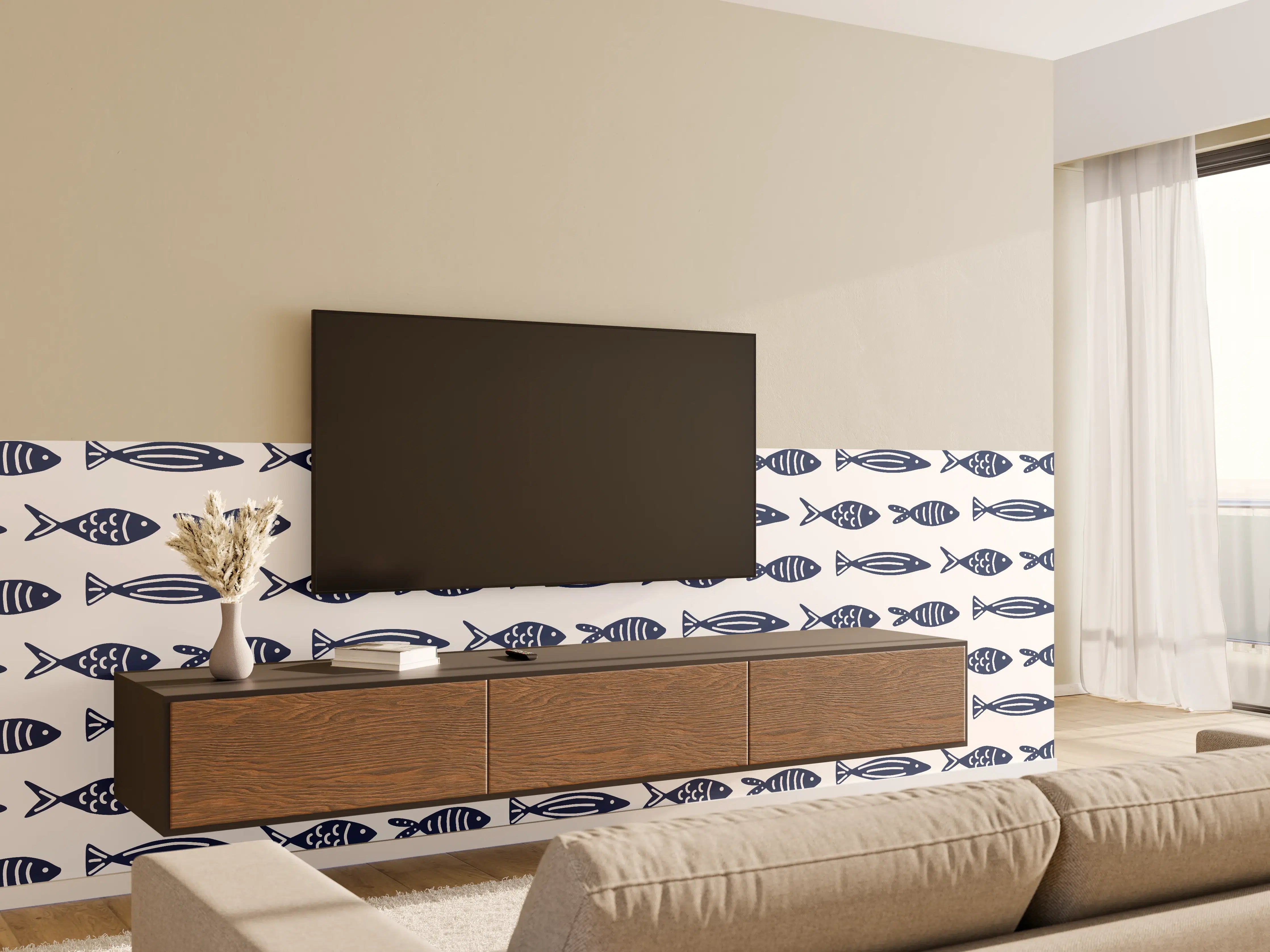 Wandverkleidung Wohnzimmer - Minimalistische Fische Blau-Weiß