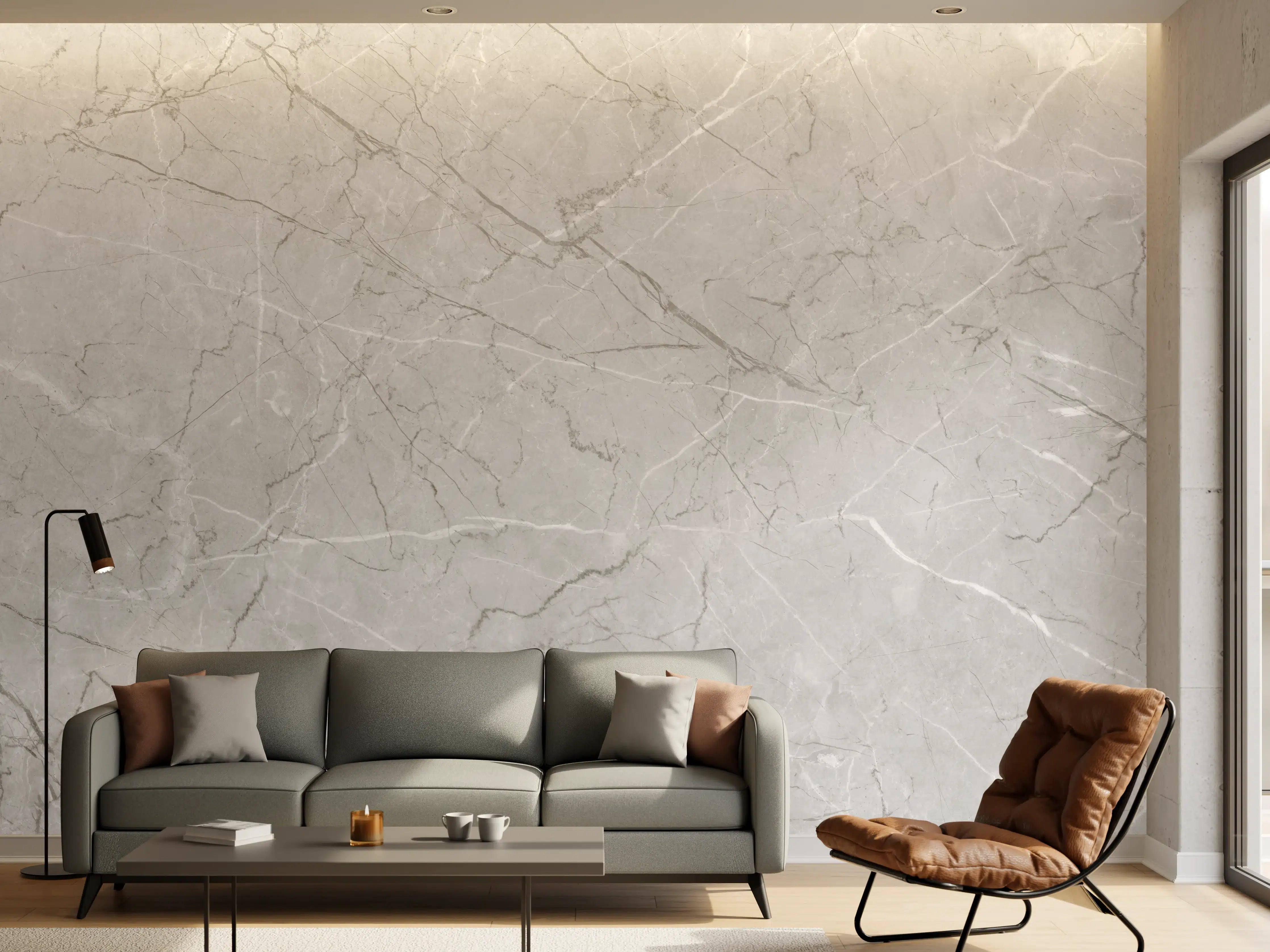 Wandverkleidung Wohnzimmer - Minimalistische Marmorfläche in Weiß und Grau