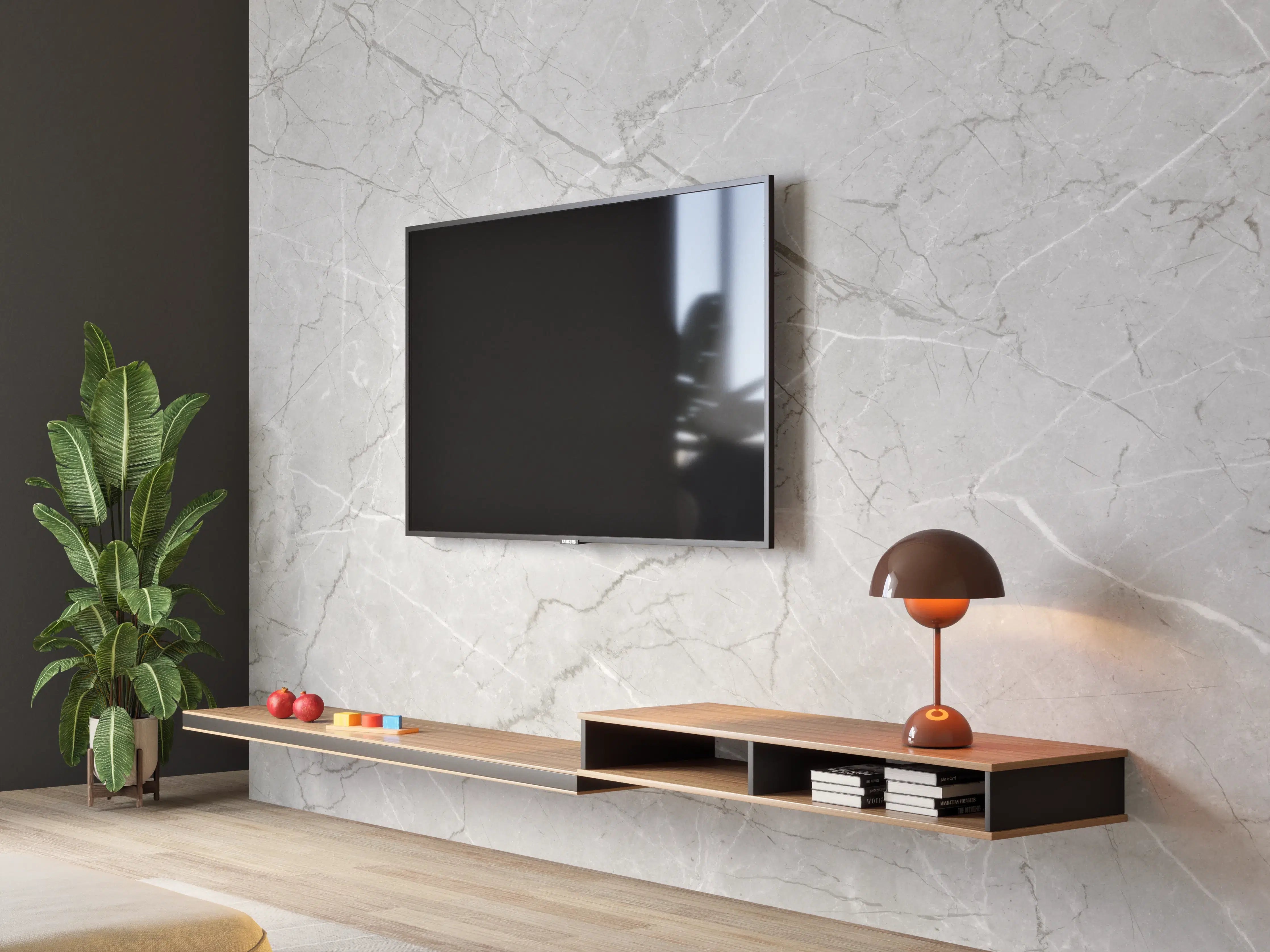 Wandverkleidung Wohnzimmer - Minimalistische Marmorfläche in Weiß und Grau