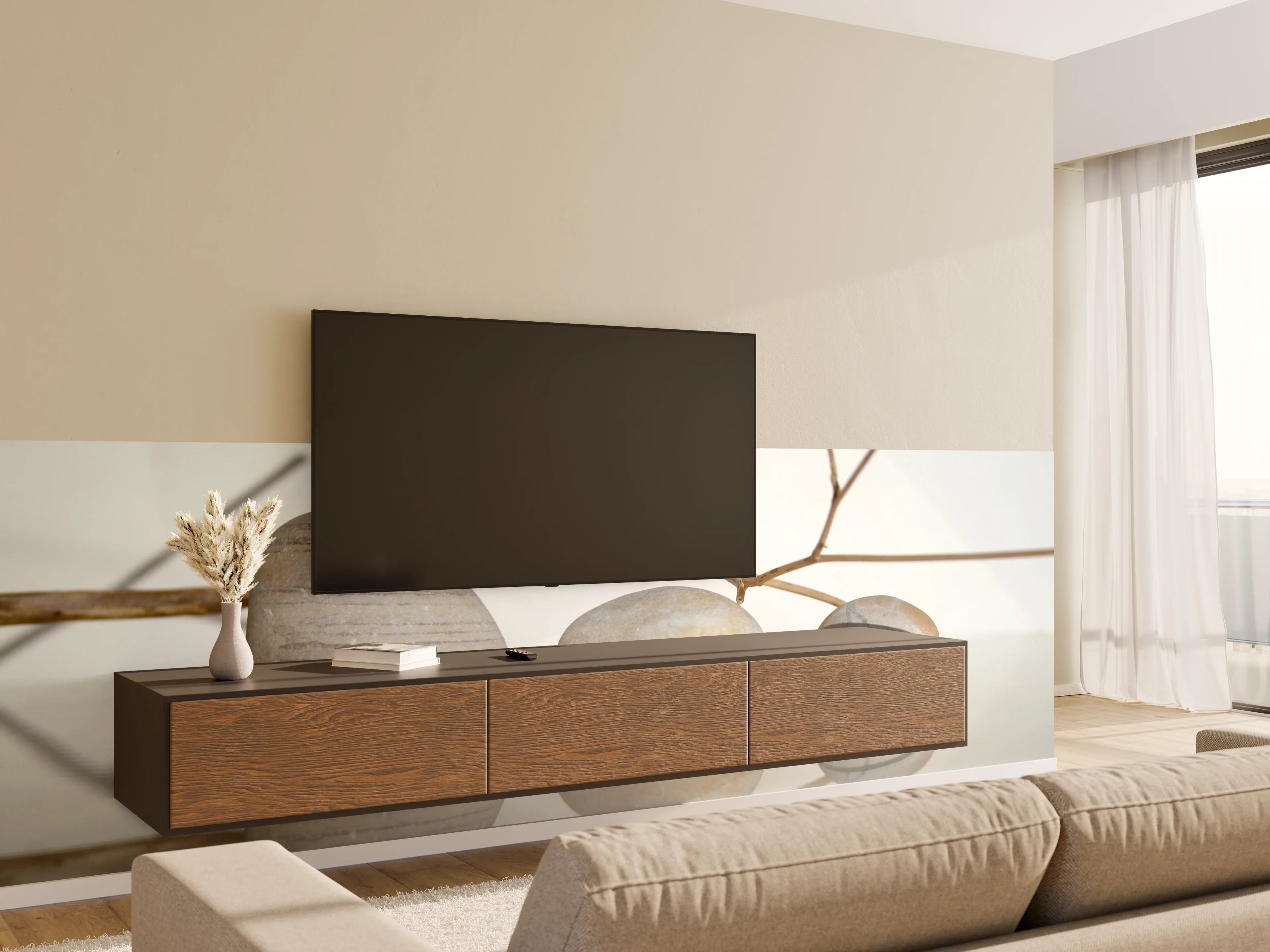 Wandverkleidung Wohnzimmer - Minimalistische Steine im Zen-Design