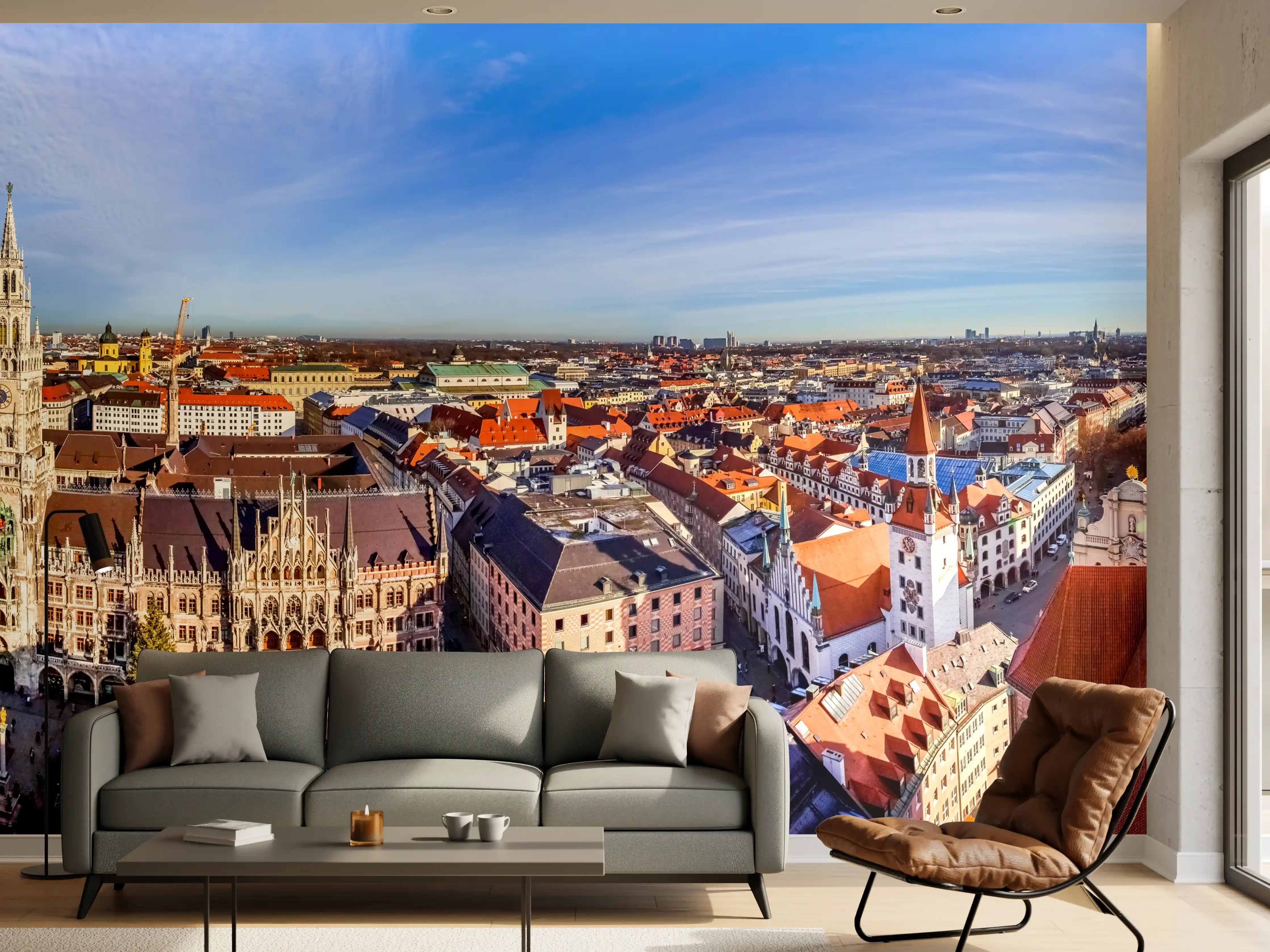 Wandverkleidung Wohnzimmer - Mittagsausblick über die Stadt München