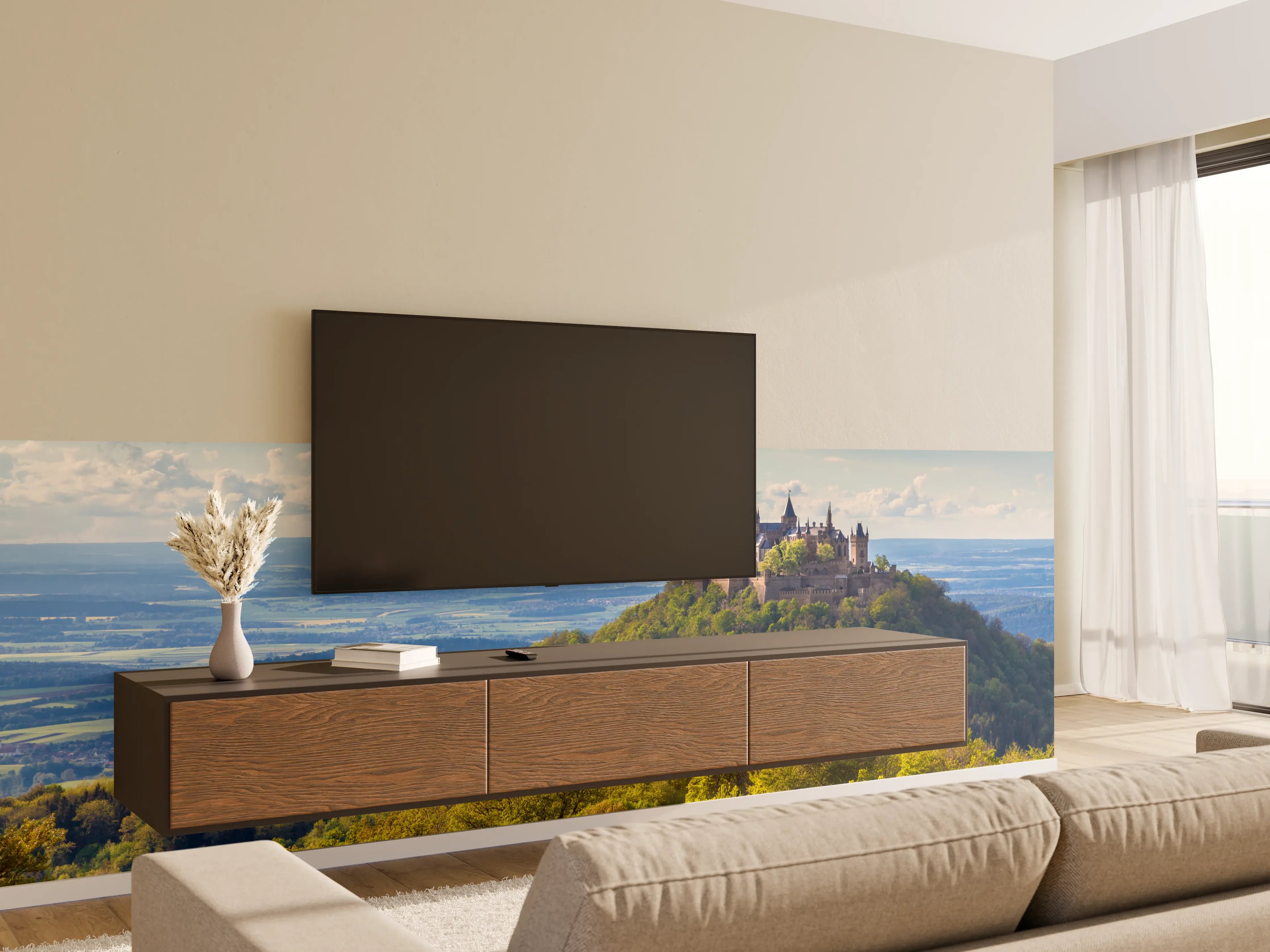 Wandverkleidung Wohnzimmer - Mittelalterliche Burg auf malerischem Hügel mit Waldlandschaft