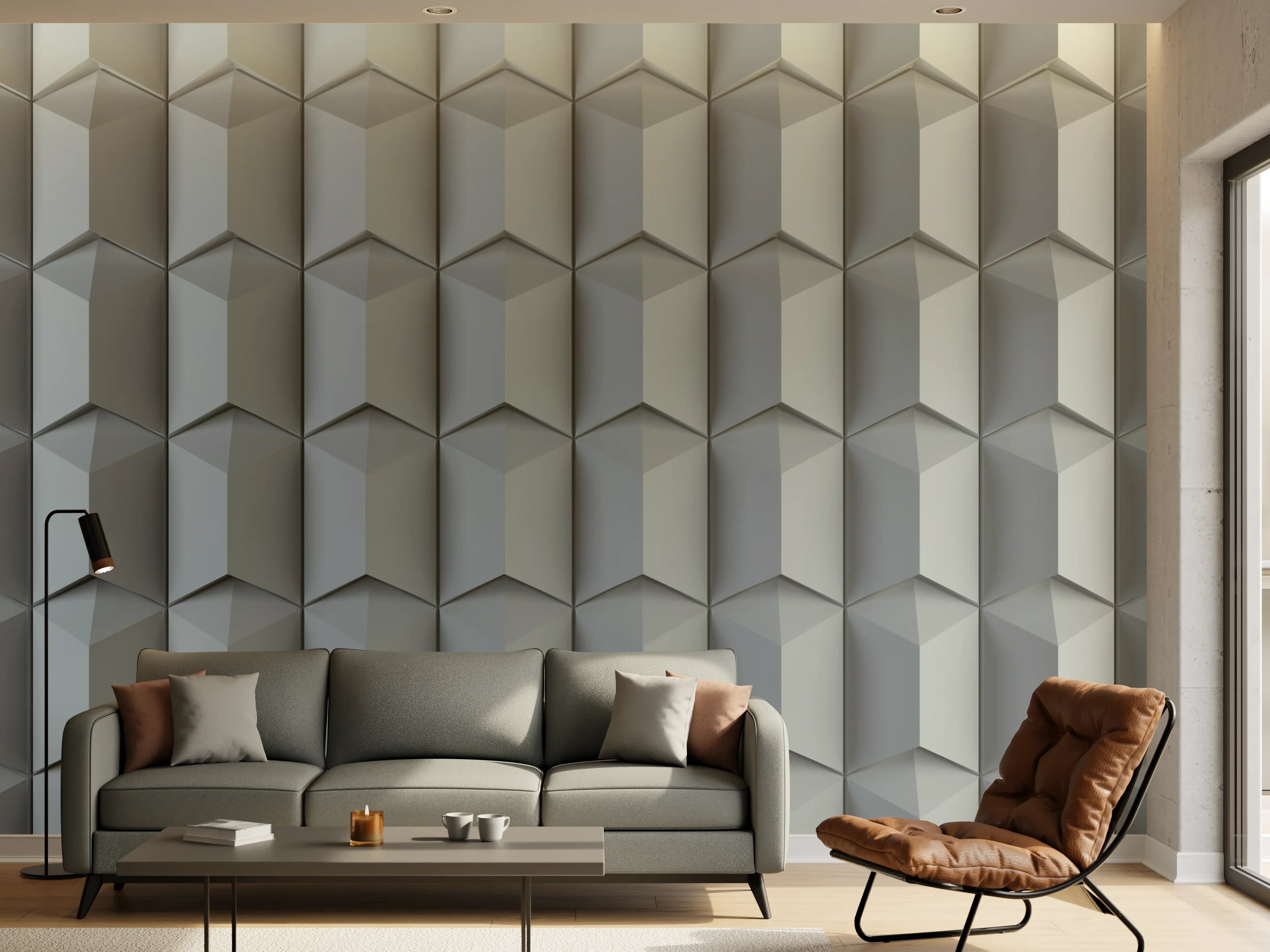 Wandverkleidung Wohnzimmer - Moderne 3D Wandpaneele in Grau