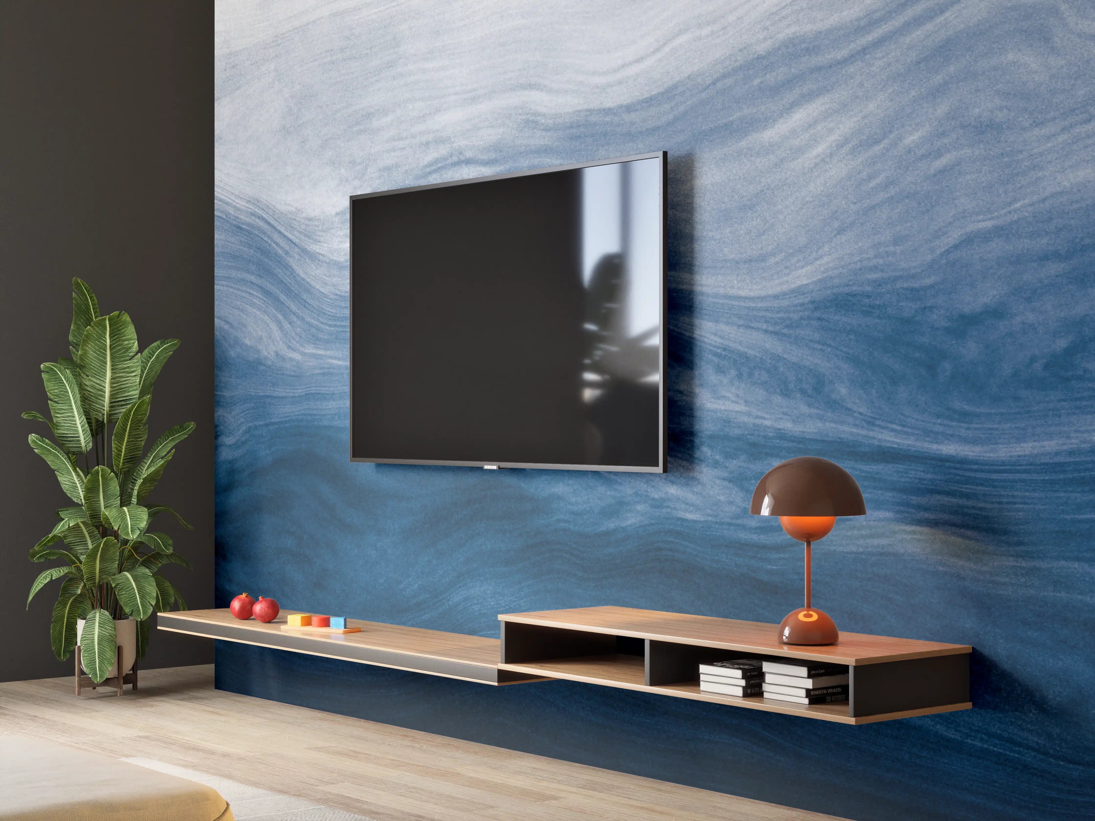 Wandverkleidung Wohnzimmer - Moderne Abstrakte Blautöne Wellenstruktur