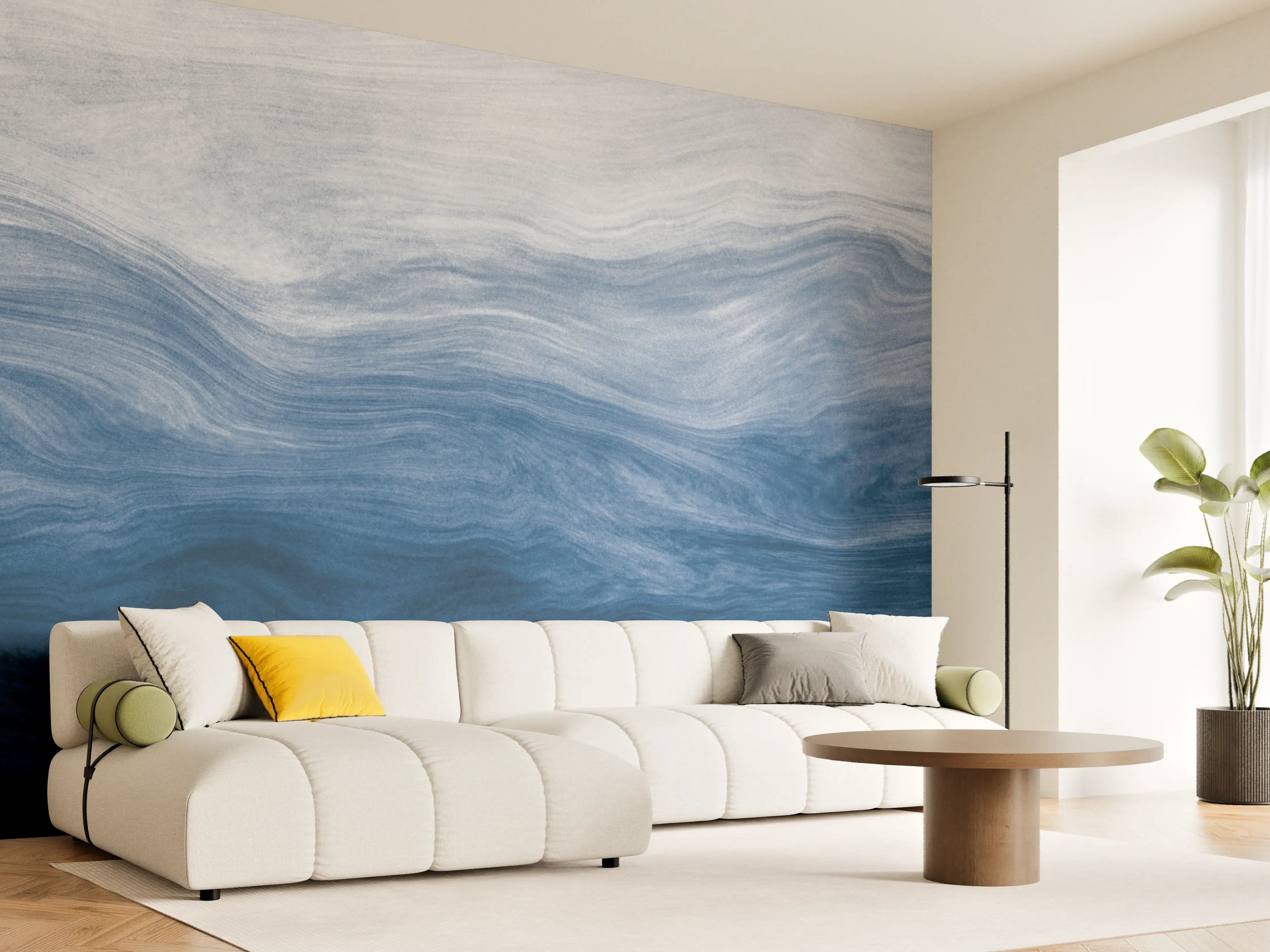 Wandverkleidung Wohnzimmer - Moderne Abstrakte Blautöne Wellenstruktur