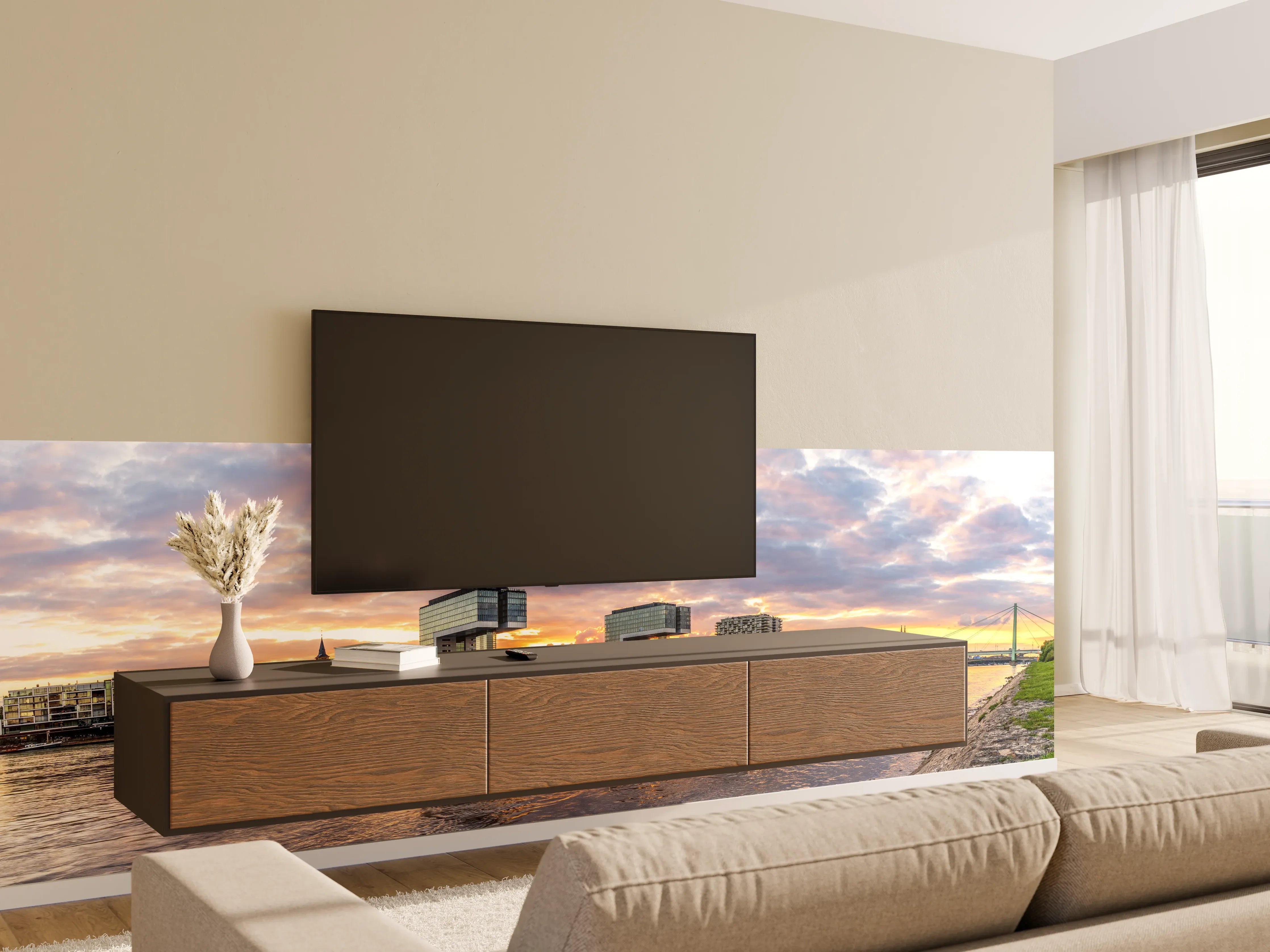 Wandverkleidung Wohnzimmer - Moderne Architektur am Wasser bei Sonnenuntergang