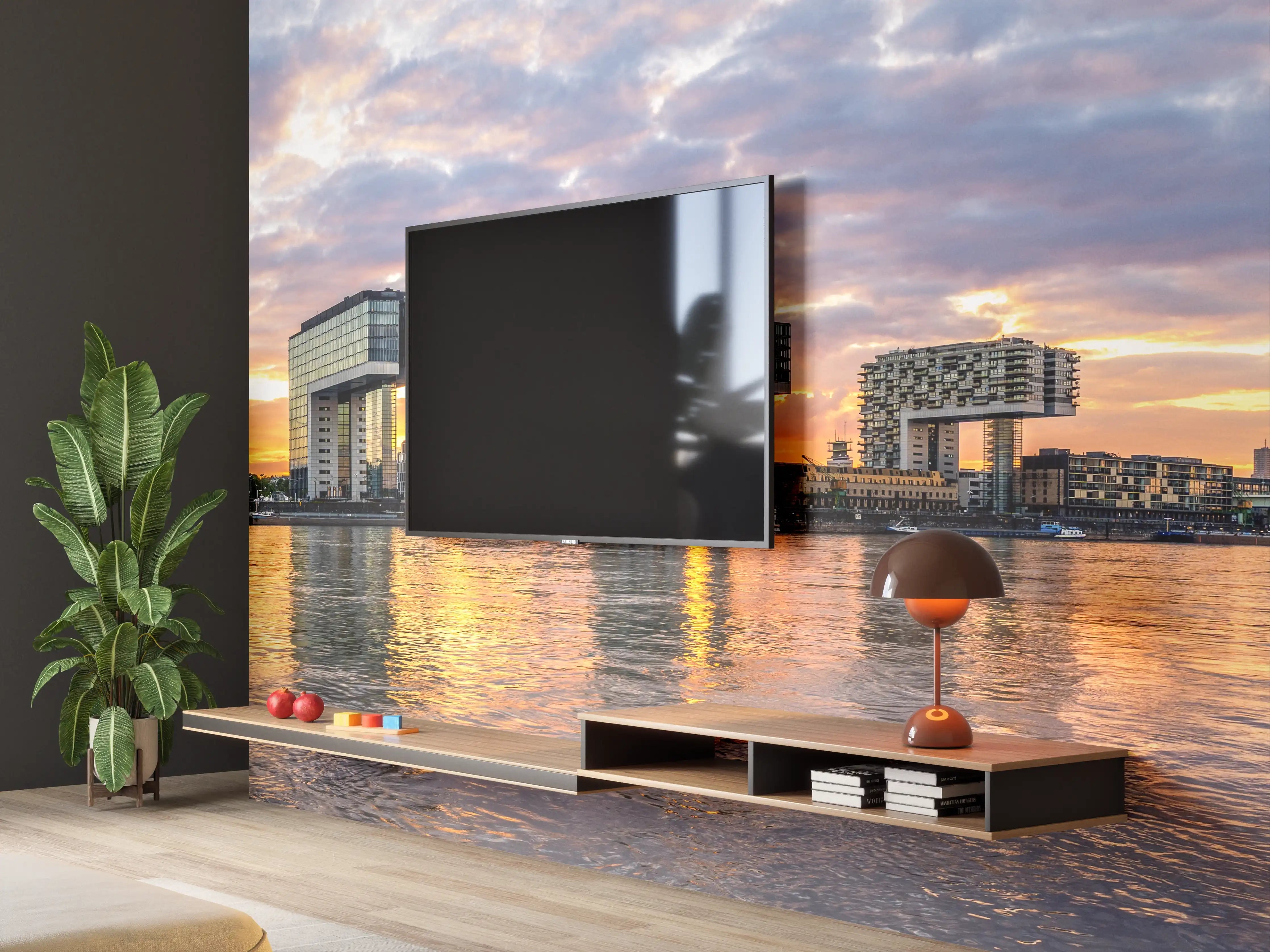 Wandverkleidung Wohnzimmer - Moderne Architektur am Wasser bei Sonnenuntergang