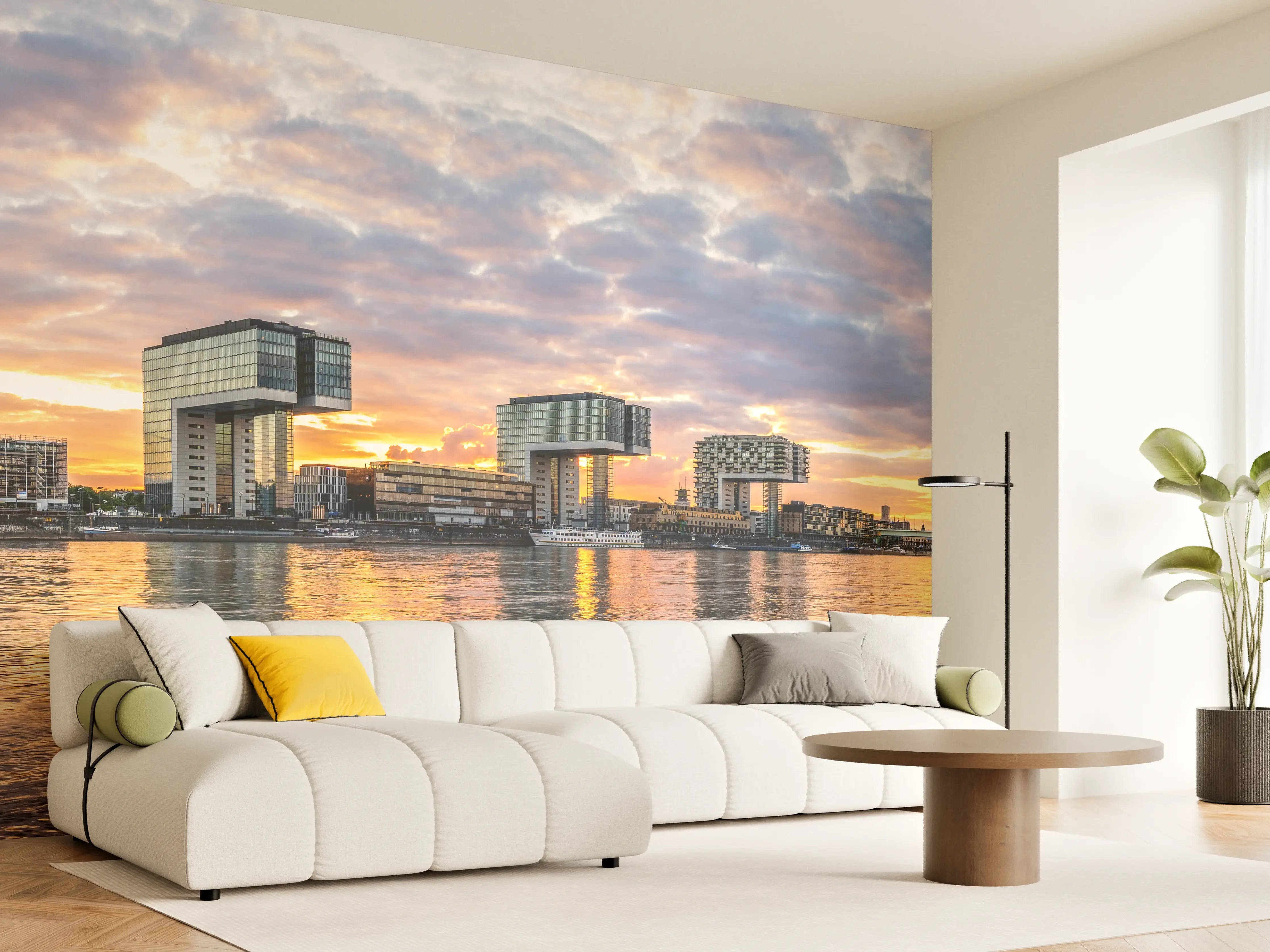 Wandverkleidung Wohnzimmer - Moderne Architektur am Wasser bei Sonnenuntergang