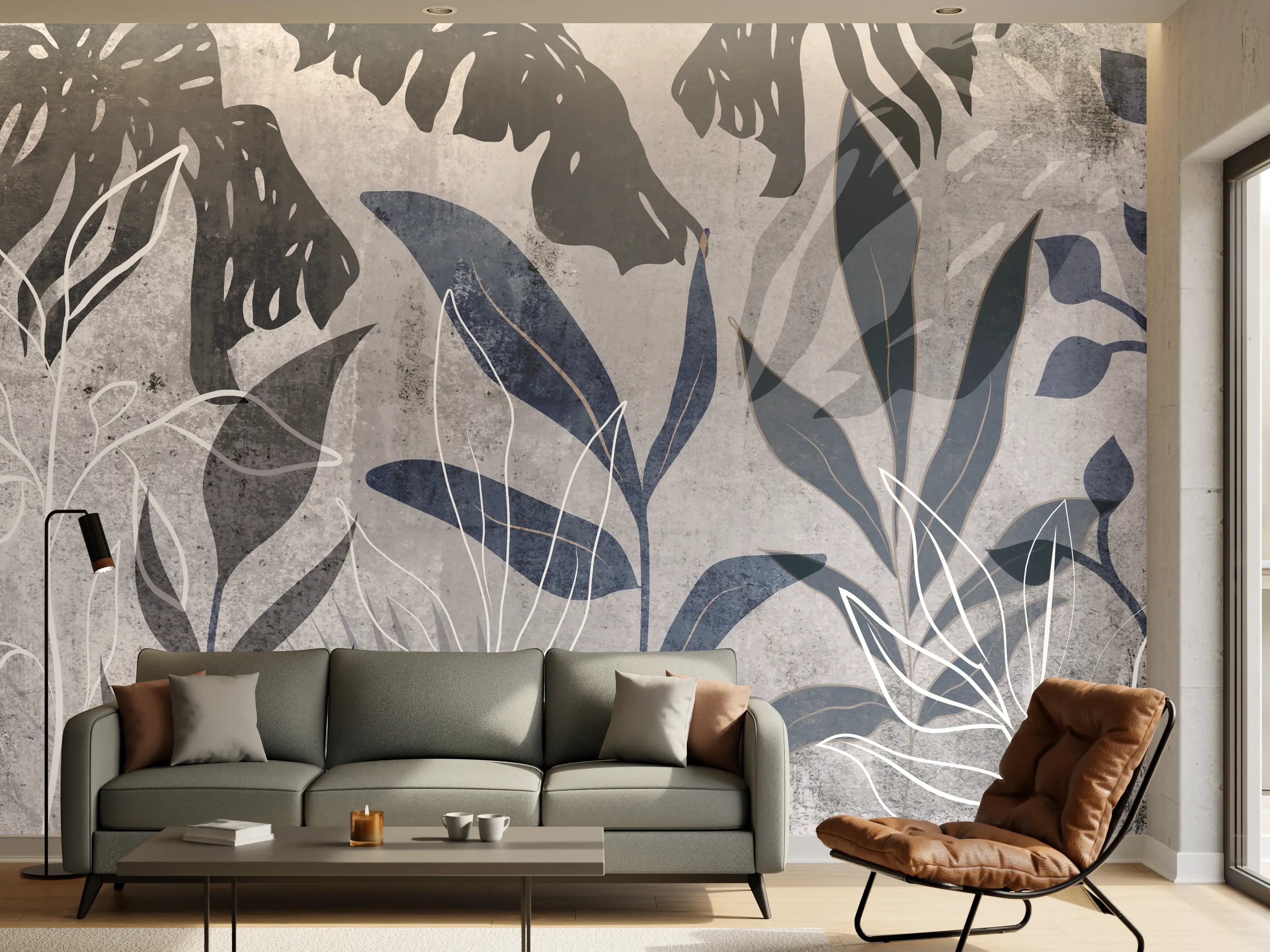 Wandverkleidung Wohnzimmer - Moderne Botanik Grau-Weiß