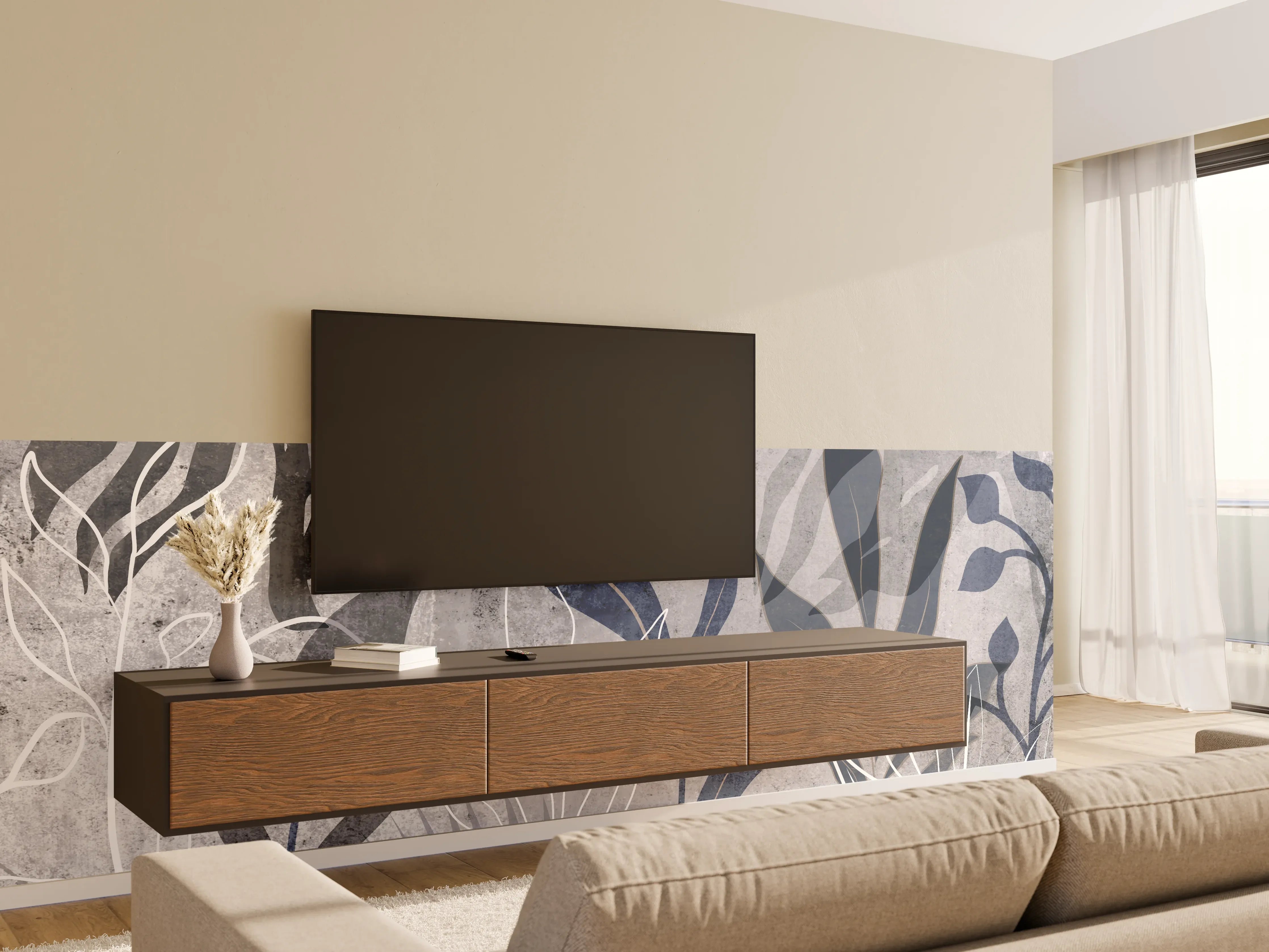 Wandverkleidung Wohnzimmer - Moderne Botanik Grau-Weiß