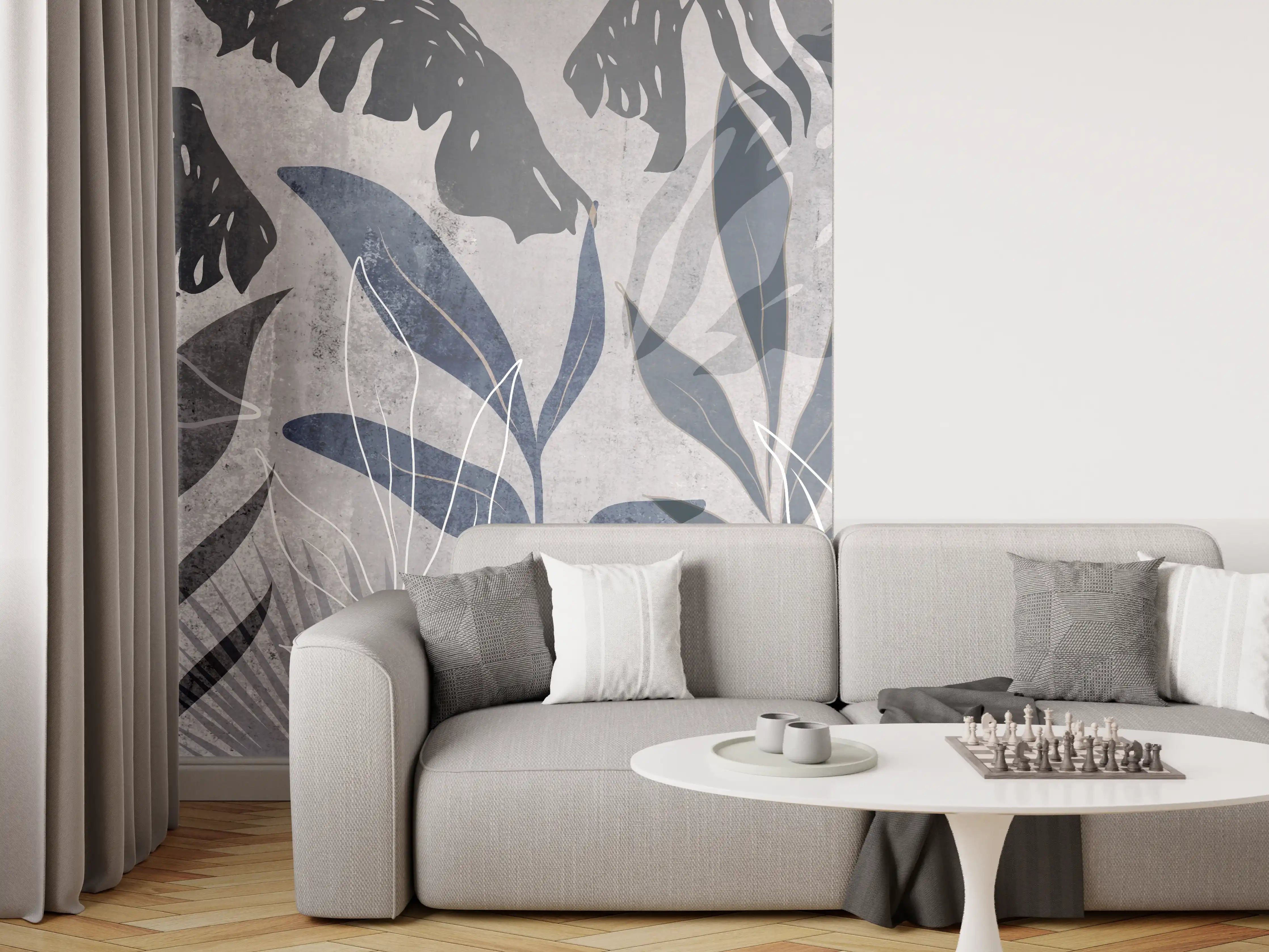 Wandverkleidung Wohnzimmer - Moderne Botanik Grau-Weiß